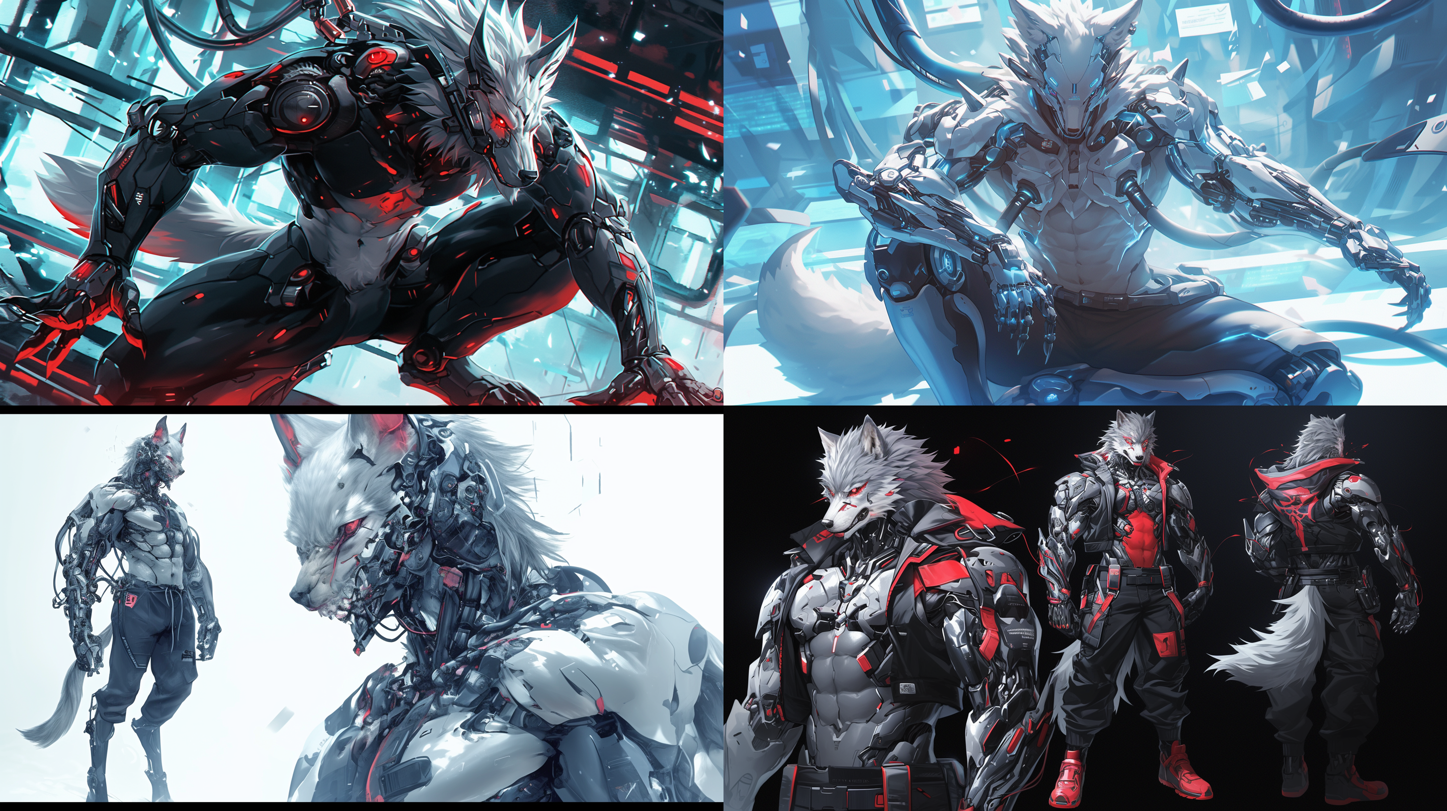 狼人机器人男友全身照，红色瞳孔，八块腹肌，狼耳，深邃微笑，未来科技感，机械腿，人头，银白色头发，机械颈，赛博朋克风格，全身照，高光对比，冷色调，广角镜头，逆光，细节清晰，动态捕捉，神秘感。未来主义，创意风格，网络空间，全身！全身！全身！ 未来主义 创风格 赛博空间 全身