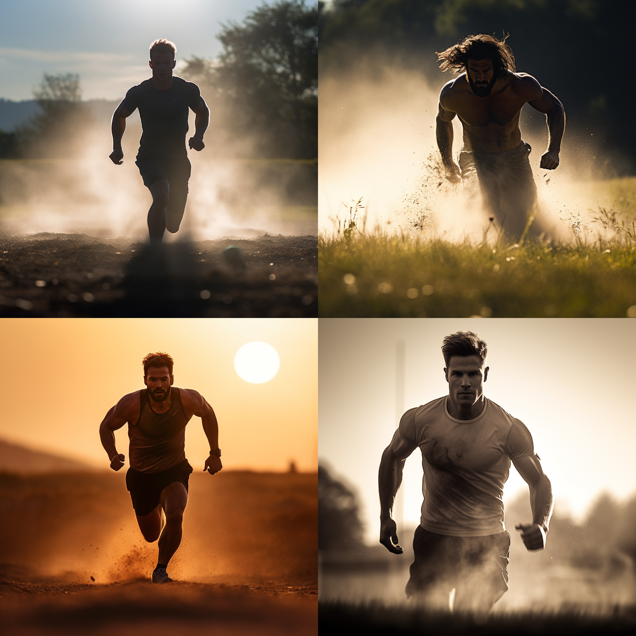 坚强拼搏的男人，逆光剪影，户外运动场，冷色调，长焦镜头，背光，慢快门，奔跑，坚毅表情，肌肉线条，动感模糊。