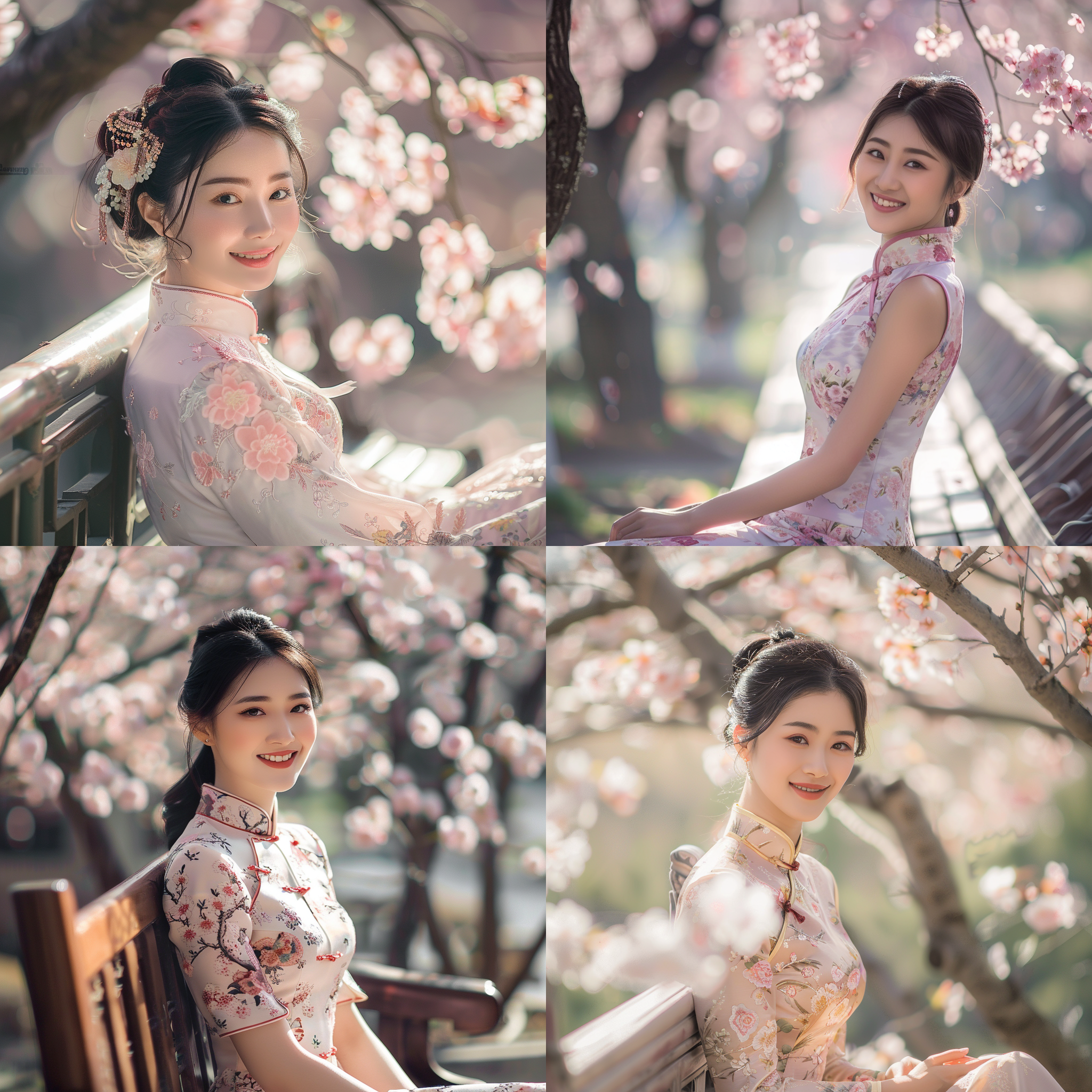 中国美女微笑，旗袍，长椅坐姿，背景樱花，半身特写，逆光，柔和光线，镜头虚化，优雅，自信，自然光，浅景深，粉色调，温柔，传统美。
