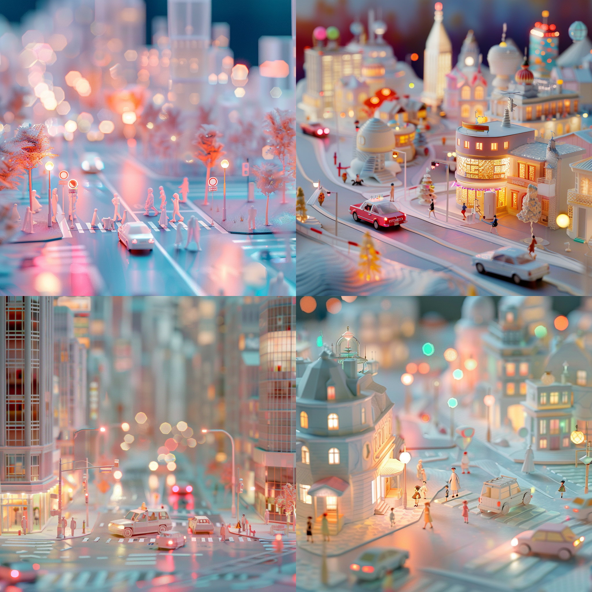 3d miniature landscapes, cities, glass buildings, glass cars, transparent houses, lights and wine, people walking on the road, white and pink, traffic lights, glass textures, transparency, soft sculpture, and dreamy fantasy realism style scenes are rendered using wide-angle lenses and depth of field to create a paper art illustration style octagonal rendering, sparkling, semi transparent, with axial shift photography effects and ultra clear details, bright colors, bold color matching, and blurred foreground
