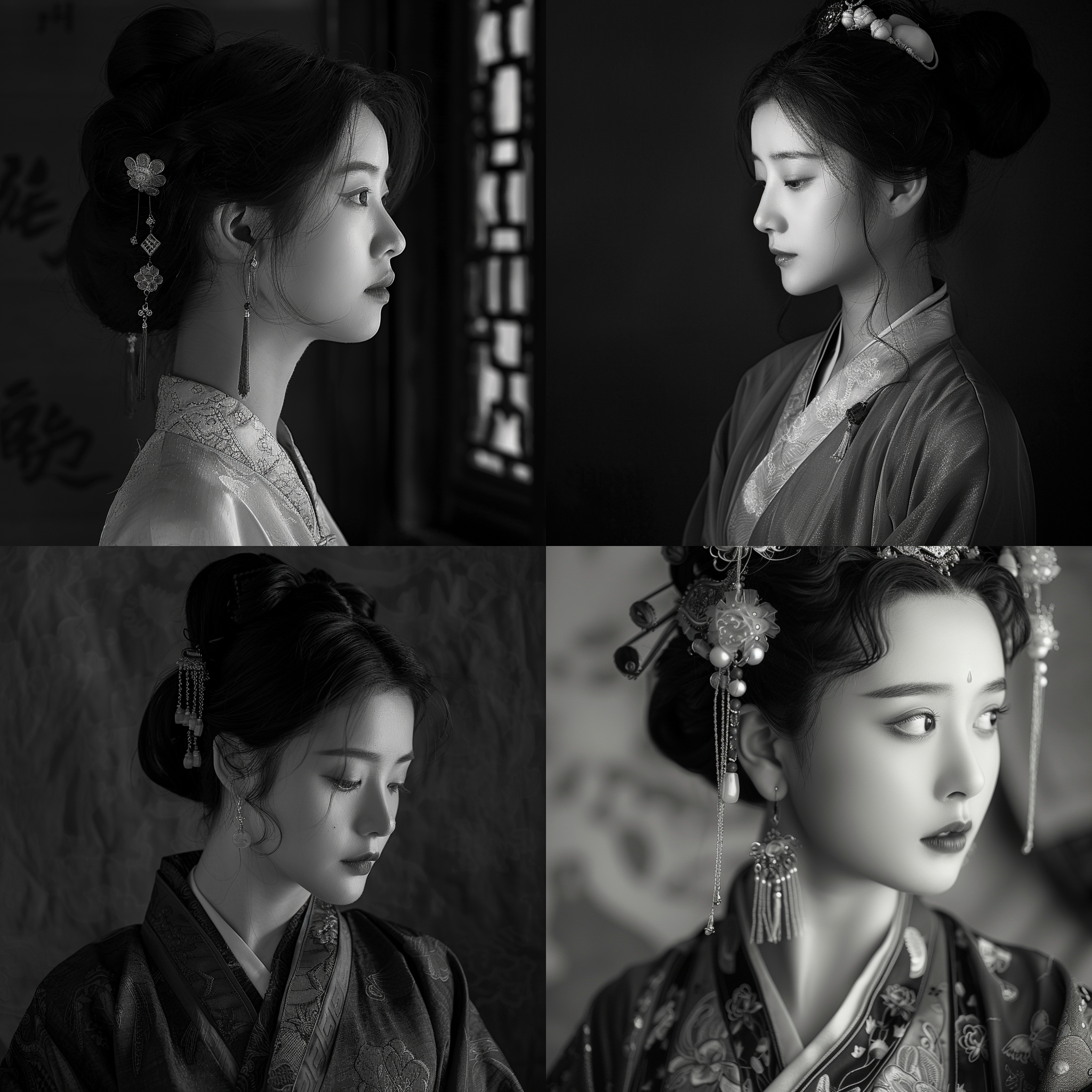 宫廷美女正面照，汉服，优雅端庄，中国古代，肖像摄影，细节清晰，柔和侧光，静态，高分辨率，单色对比，传统美学，精致线条，文化传承。