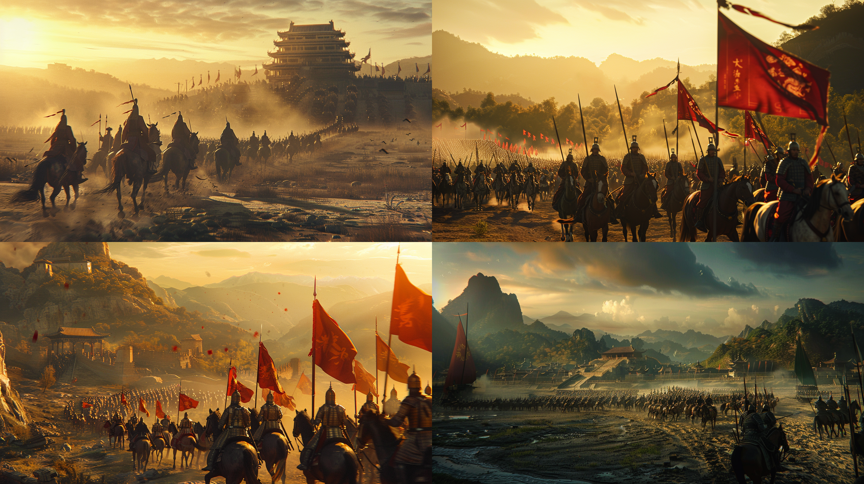 古代中国战场鸟瞰图，骑兵队准备出发，正在接受将军的检阅，气势旺盛，威武雄壮，注重画面细节，16k分辨率，色彩低饱和度，低沉，冷色调，氛围压抑，高清3d风格