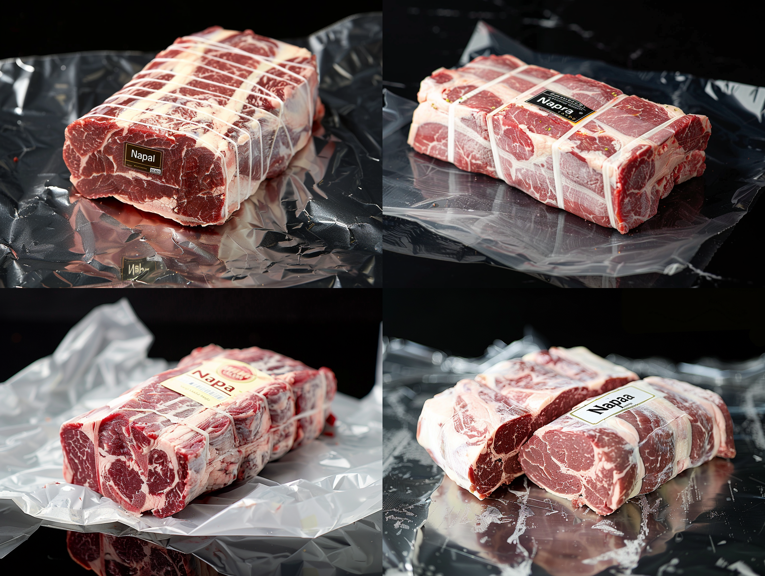 肉类产品细节照片，肌理清晰，全身覆盖白色条纹，40多岁侧面肖像，居中构图，热缩包装背景，层次分明，标签注明“纳帕”，左侧暗调，特大号标签，高分辨率，自然光，细节丰富，质感强烈。