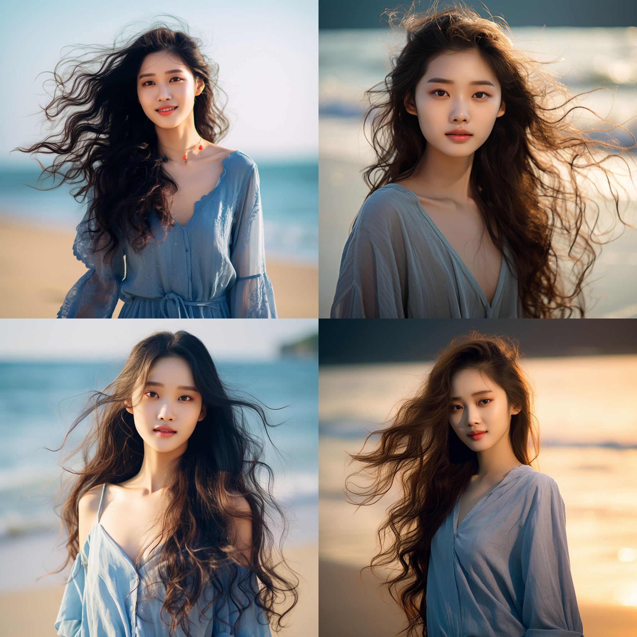中国女孩，海边，显瘦身材，155cm身高，微卷长发，瓜子脸，白皙皮肤，大眼睛双眼皮，微笑，淡妆，逆光拍摄，柔和光线，长焦镜头，浅景深，蓝色调，轻松愉悦。