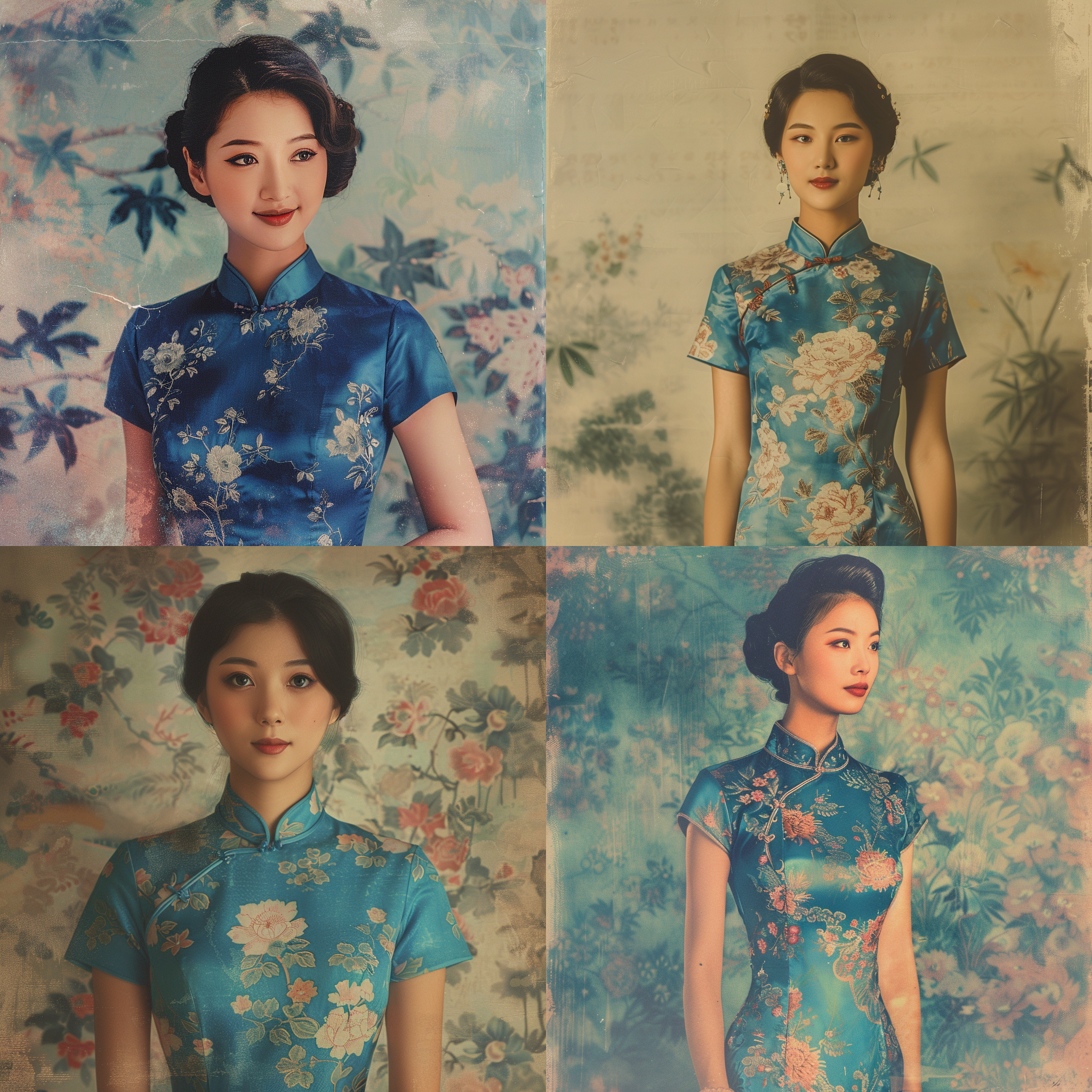 亚洲美女，白皙肌肤，全身照，穿短袖旗袍，蓝色旗袍，简约渐变背景，1960s-1970s风格老照片，老化效果，手绘艺术，暗角风格，疯狂细节，最佳质量，超高清，8k，油画，扁平风格，文艺复兴，旗袍。