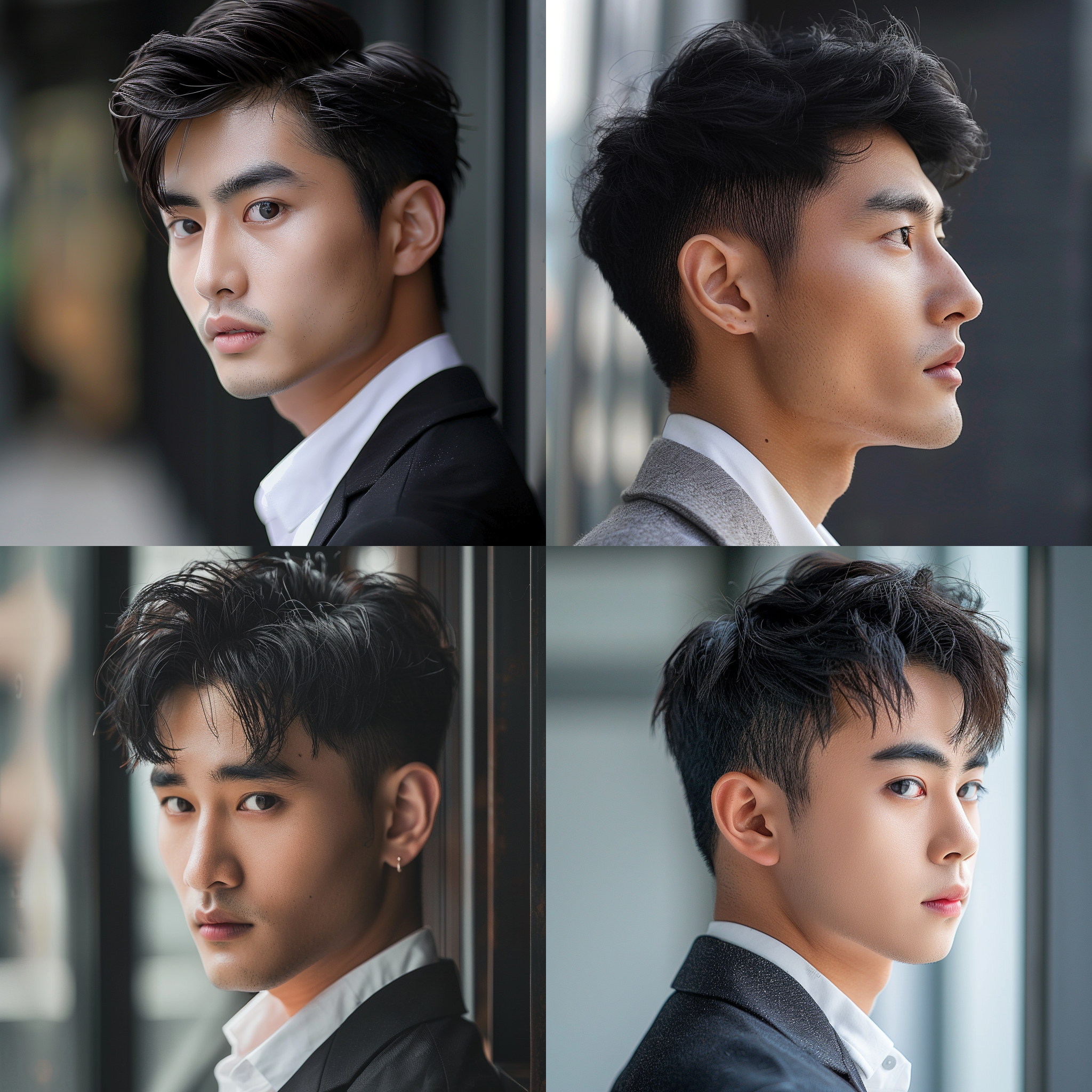 亚洲帅哥模特，大眼睛双眼皮，高鼻梁，户外车内，浅色商务装，乌黑头发，侧面特写，明亮色调，现代风格，户外环境，自然光，轻松愉悦，平视角度，精细纹理，肖像摄影，高光，清晰对焦，清晰的侧脸，对焦耳部，细节丰富，高清晰度，七分身。