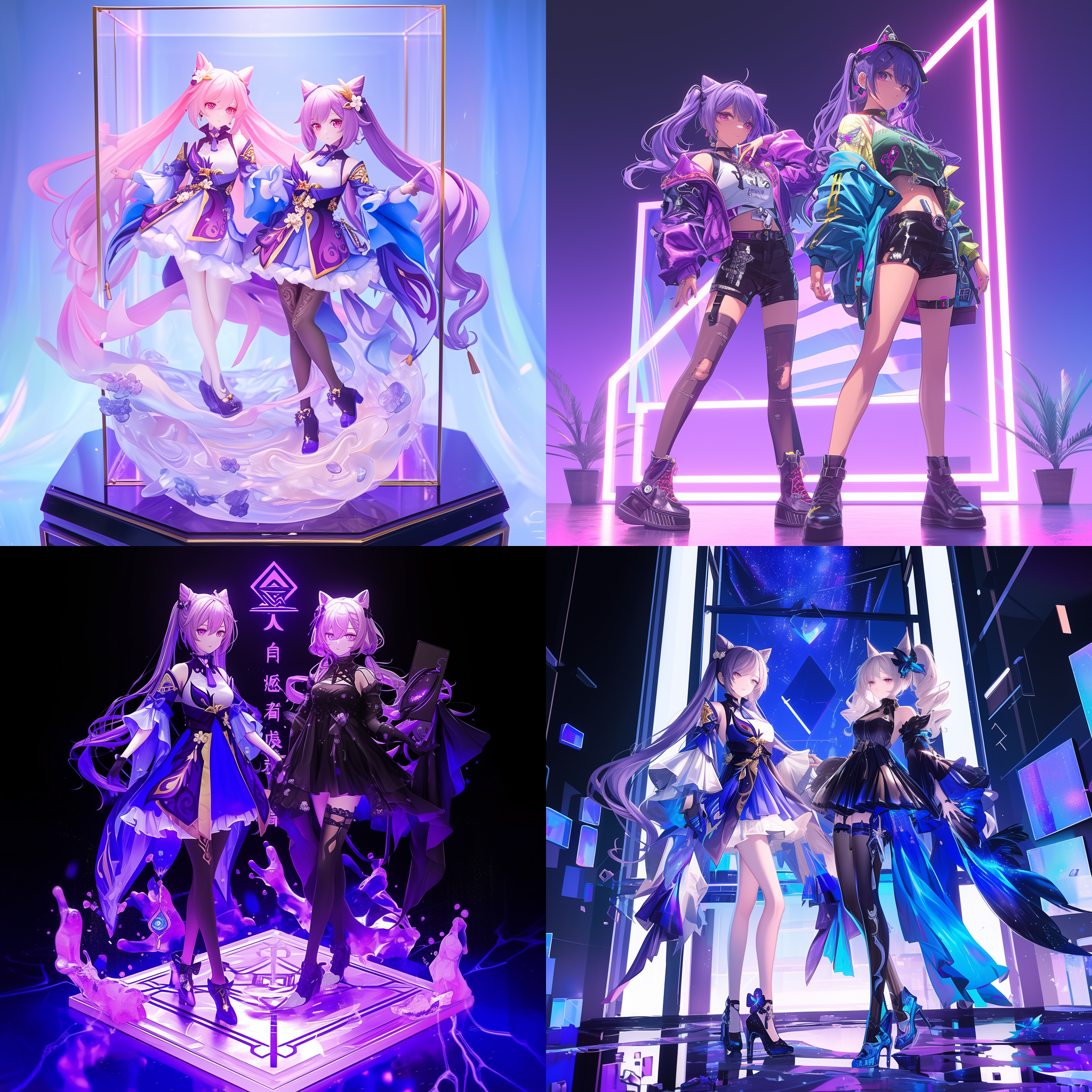 盲盒风格，展示盒内，原神角色刻晴与纳西妲并立，华彩，3d渲染效果，细节丰富，产品展示风格，柔和光线，正面视角，高分辨率，色彩鲜明，静态美。