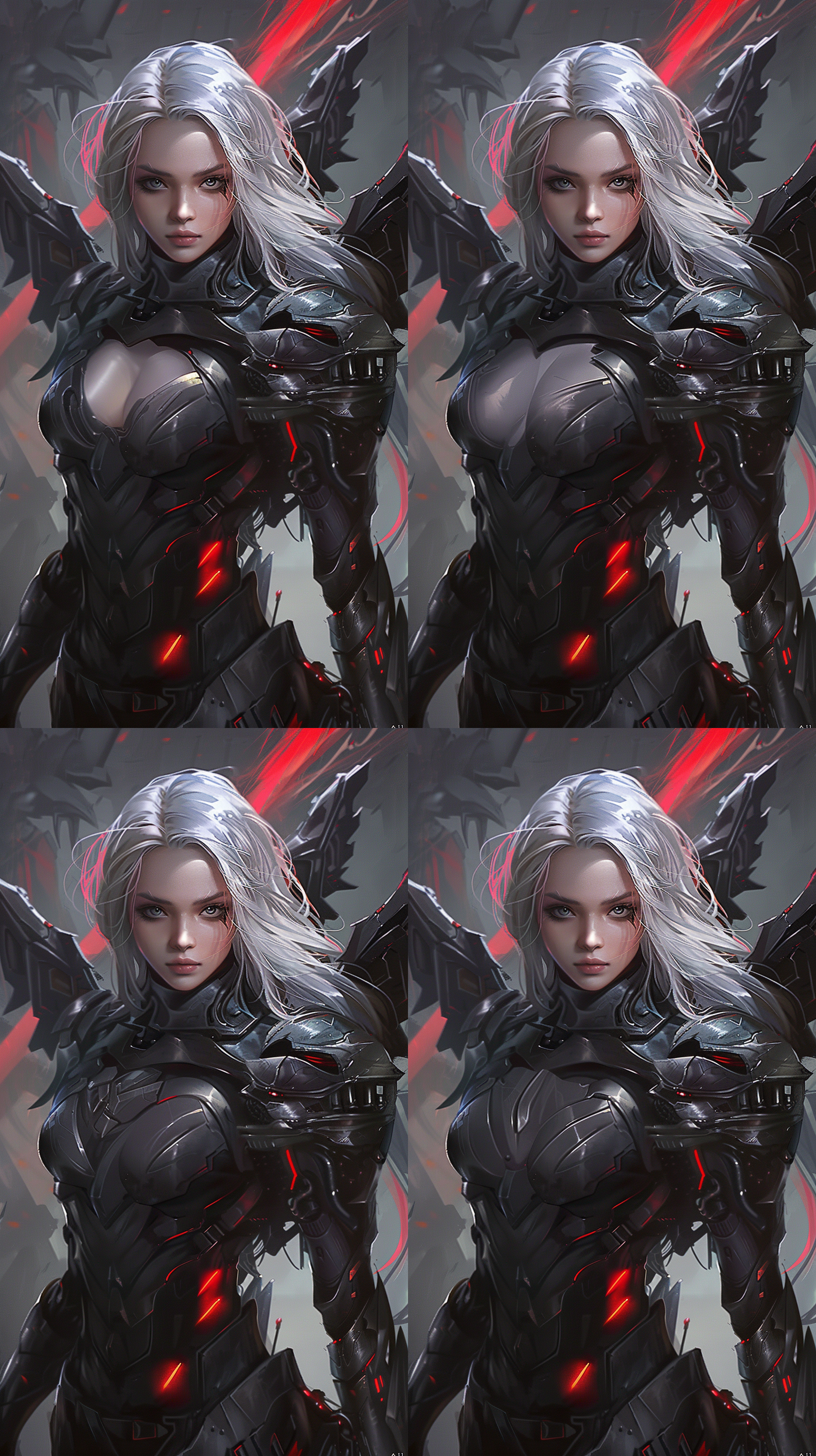 女战士，美丽的脸庞，银灰色长发，战斗，身穿机甲，背后黑色六翼翅膀，能发射跟踪扩散导弹，漆黑涂层，鳞片流光货色上层。 腰间等离子光束切割刀 深红色的四道推进器，肩部，头顶，还要腿部应该都有各种武器，全身散发黑色流光，压迫感十足，追光，写真，逼真的渲染。