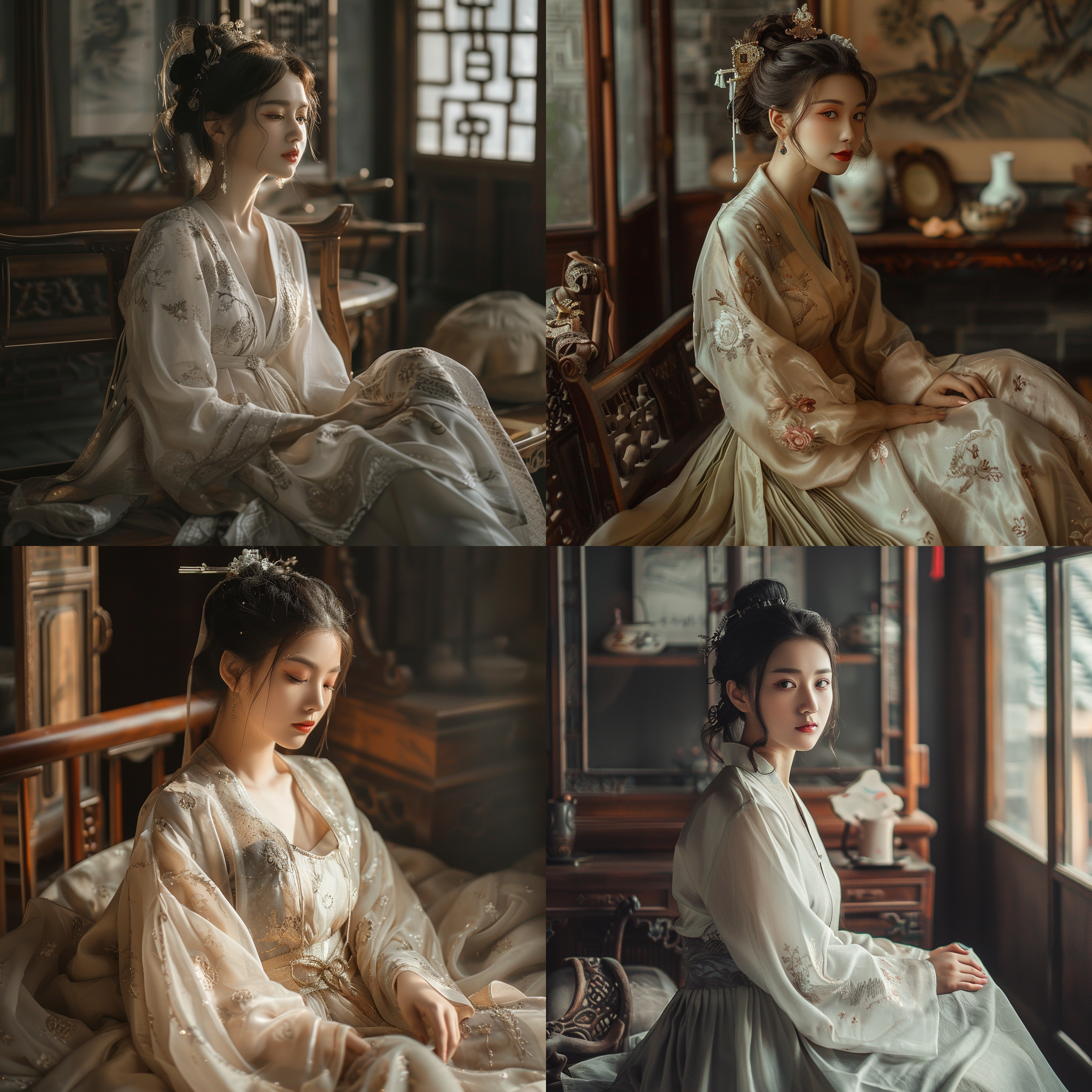 美女画眉，全身像，古代汉服，中景，细节表现，静态，柔和光线，传统风格，古色古香，肖像摄影，文化传承，端庄优雅，自然光，长裙，细致妆容，古典家具，室内，暖色调，慢快门，侧脸，专注表情。