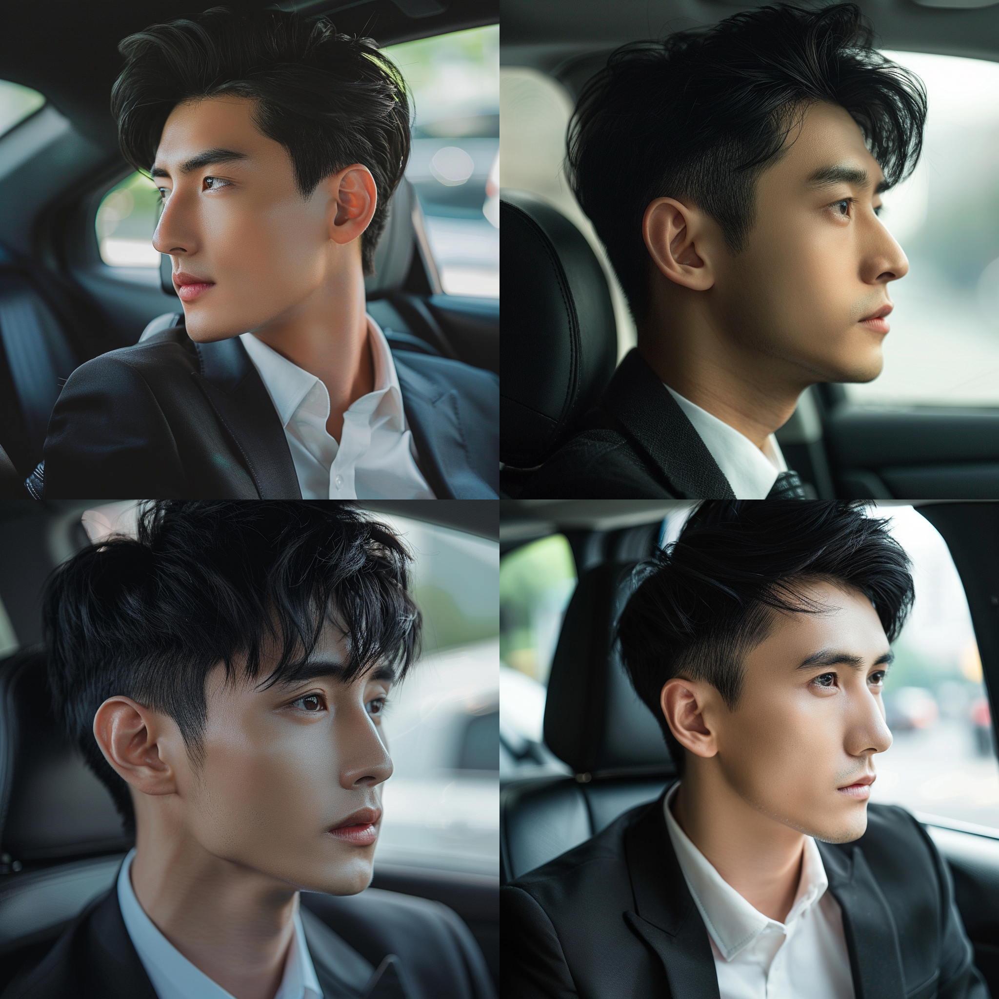 亚洲帅哥模特，户外车内，耳朵特写，浅色商务装，乌黑头发，侧面特写，明亮色调，现代风格，自然光，轻松愉悦，平视角度，精细纹理，肖像摄影，高光，清晰对焦，侧身，明亮的。