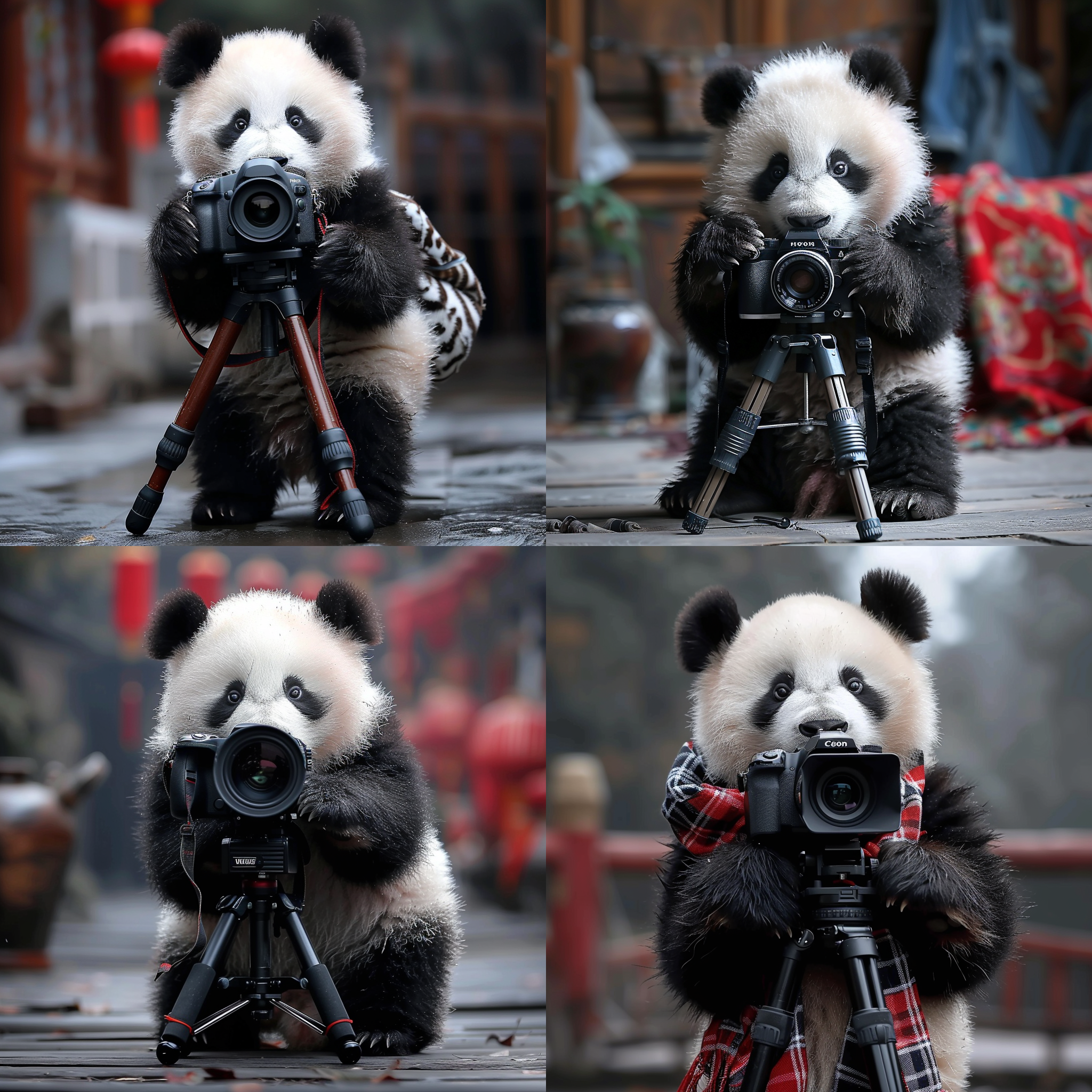 一只熊猫在当摄影师，在专业的摄影棚内拍照。