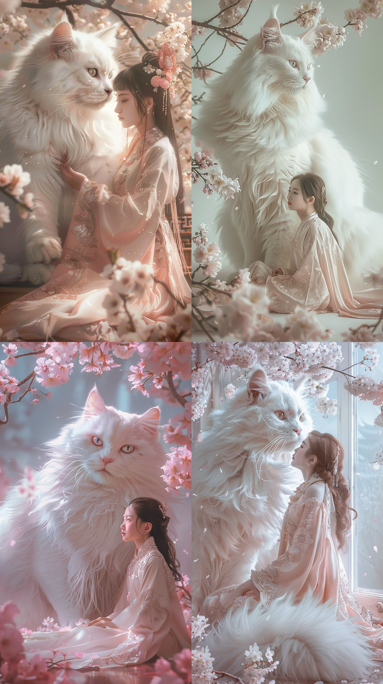 a hyperrealistic photo of an oversized white fluffy cat with beautiful eyes,sitting on the floor next to it is a chinese girl in a light pink and beige silk dress,surrounded by sakura flowers in a pastel colored, dreamy atmosphere with fantasy and magic details. the photo is highly detailed and super realistic in resolution