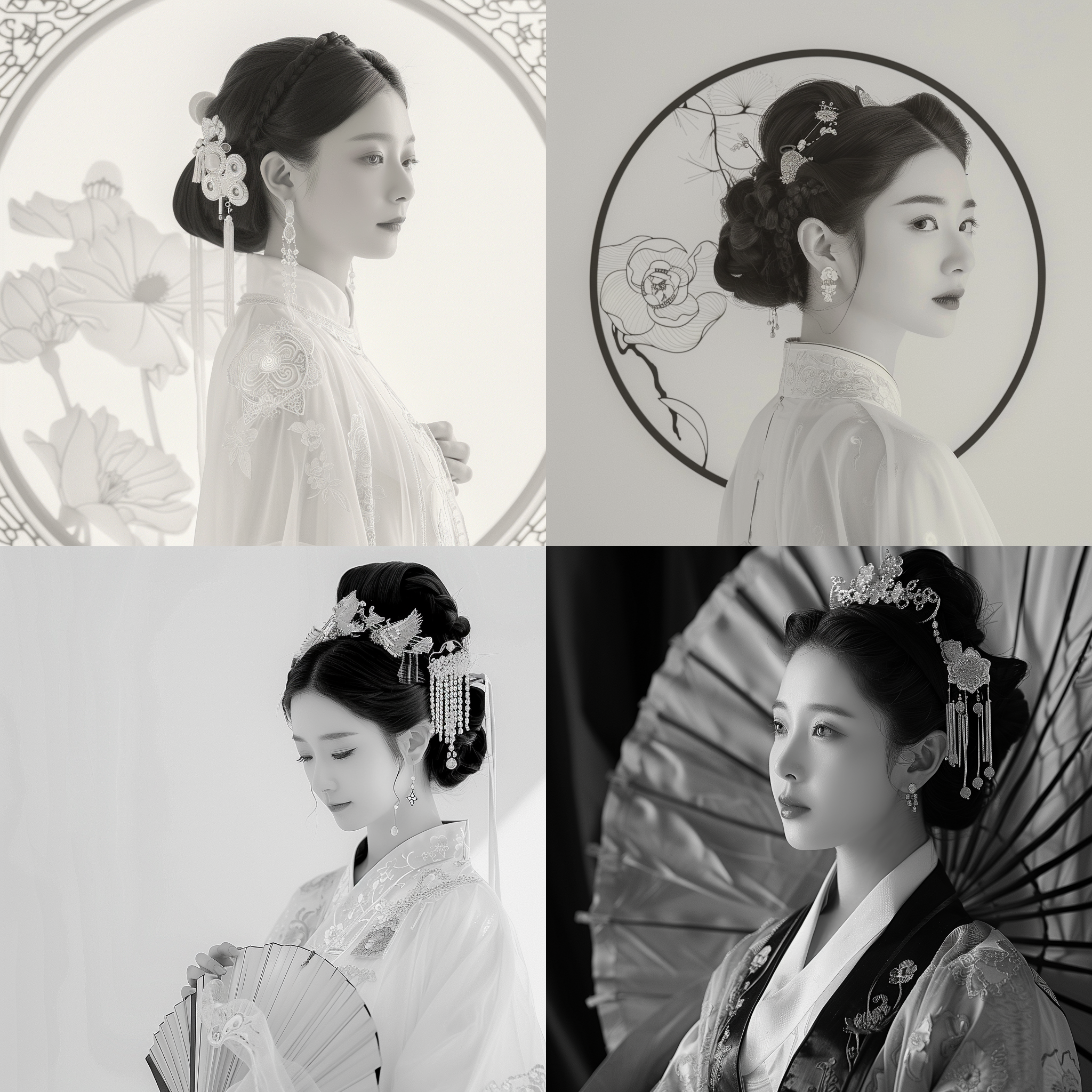 宫廷美女正面照，剪纸风格，汉服，优雅端庄，白底，黑线描边，中国古代，肖像摄影，细节清晰，柔和侧光，静态，高分辨率，单色对比，传统美学，精致线条，文化传承。