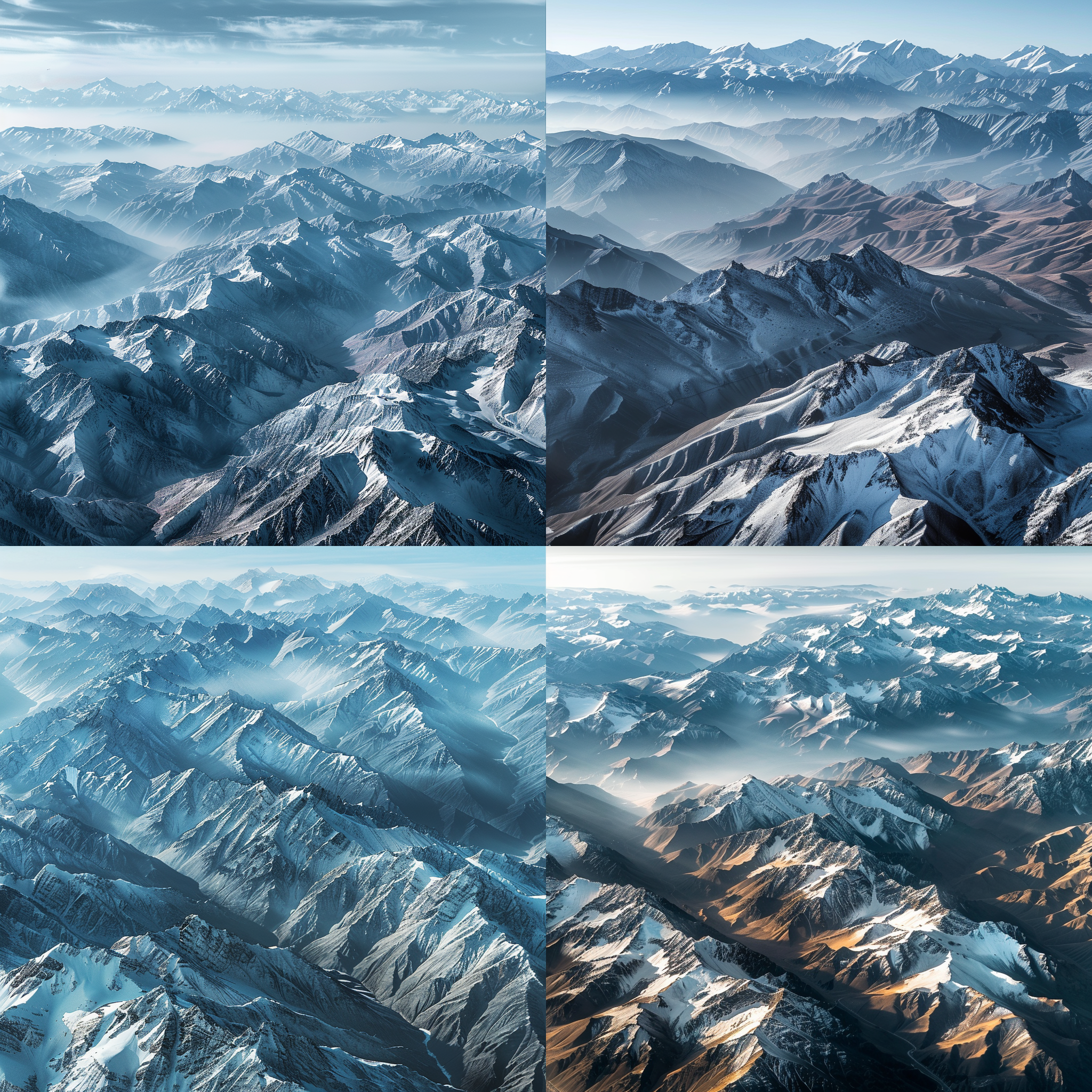 航拍祁连山雪山，鸟瞰视角，连绵山脉，雪峰耸立，冷色调，长焦镜头，远景，自然光，清晰细节，宁静，壮丽。