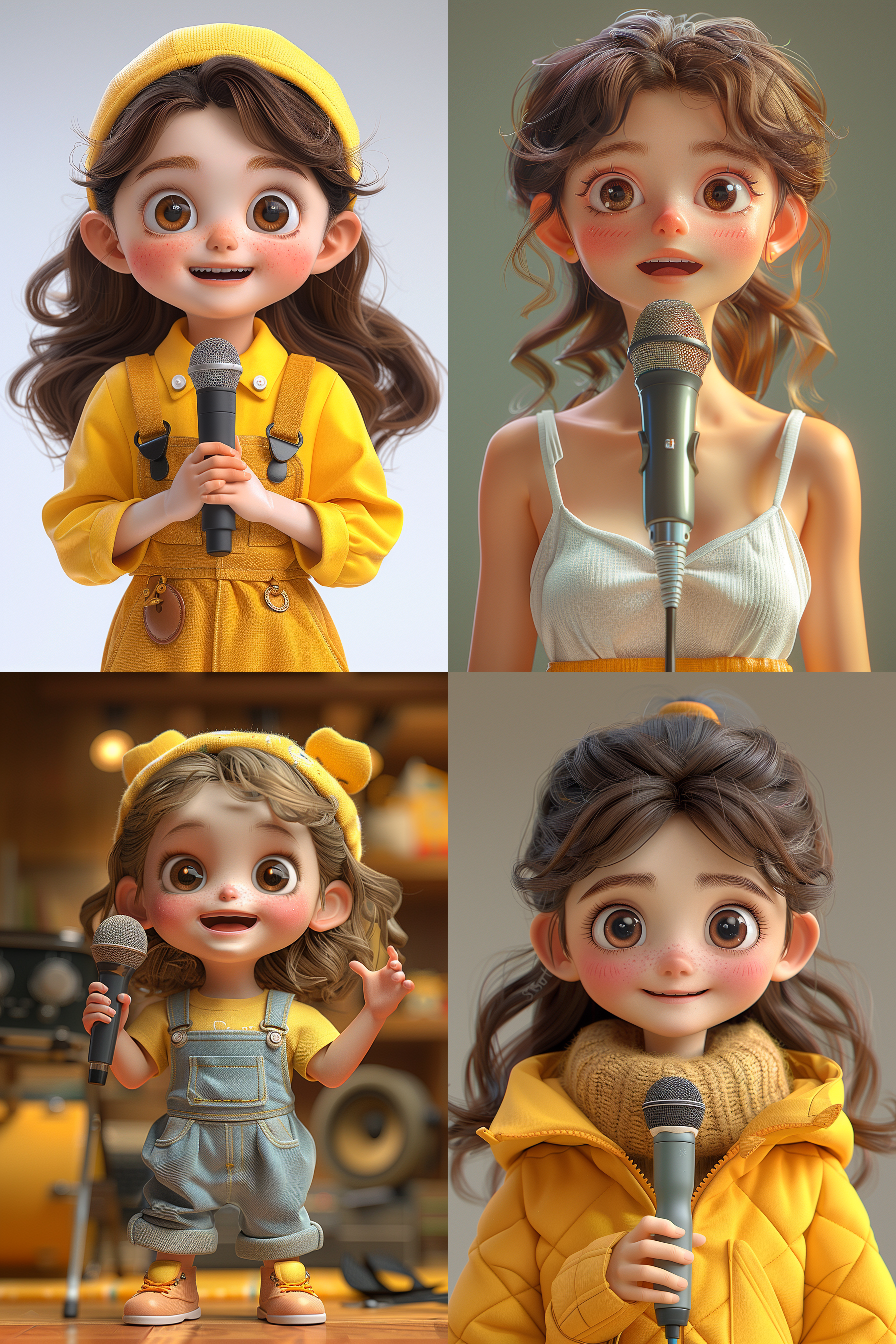 白色背景，3d卡通风格女孩，全身，演讲，手拿话筒说话，自信的笑，看向镜头，精致的脸部，夏季潮流时尚服装，泡泡玛特配色，由pop mart制作，光滑细腻，黏土材料，辛烷值渲染，超细节，8k,16k，超清晰细节 模型摄影，侧面构图，干净背景，明亮色彩，生动表情，细节丰富，数字艺术，创意设计，灯光效果，童真情感，