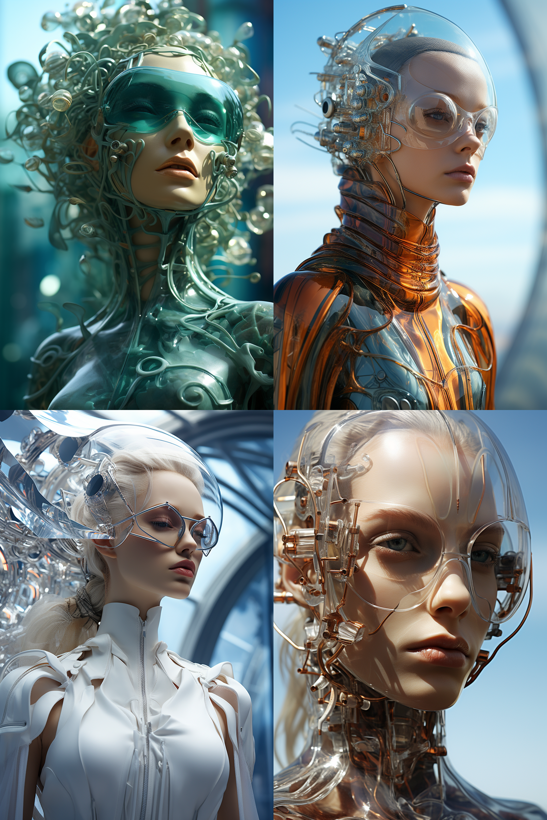 一个女人的脸上覆盖着玻璃和塑料。风格是超现实的科幻机械，挪威的自然，精致的建筑结构，超现实的水景。在bryce 3d技术的帮助下，它以特写模式呈现。