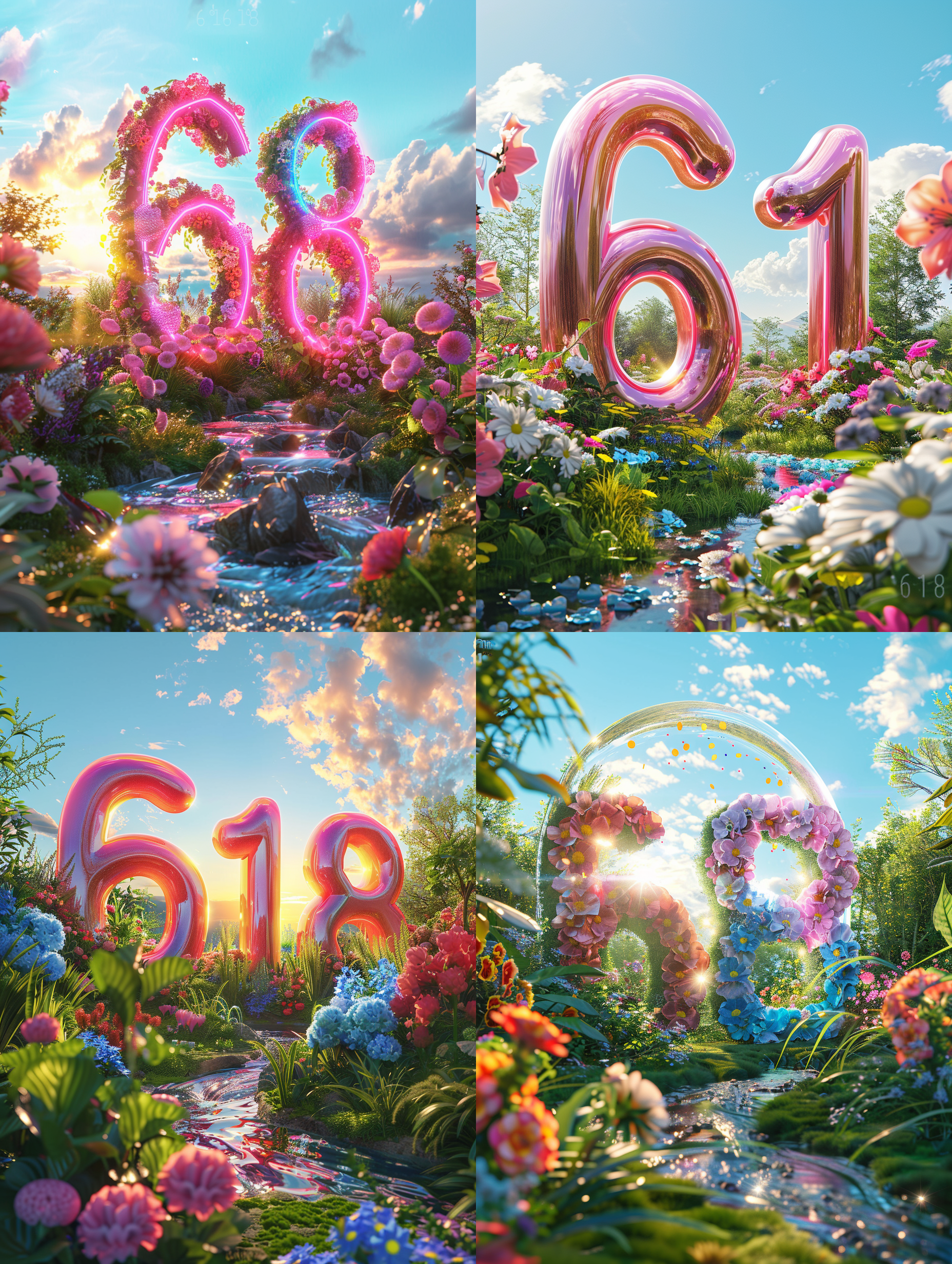 3d文字“618”，可爱的大数字，圆形，少女色，蓝天白云的梦幻背景，地上绿草如茵，一条河流流过，五颜六色的花朵四通八达，呈现出卡通风格，色彩明亮，可爱的风格，柔和的灯光，欢快的氛围，玻璃材质，近距离拍摄，8k