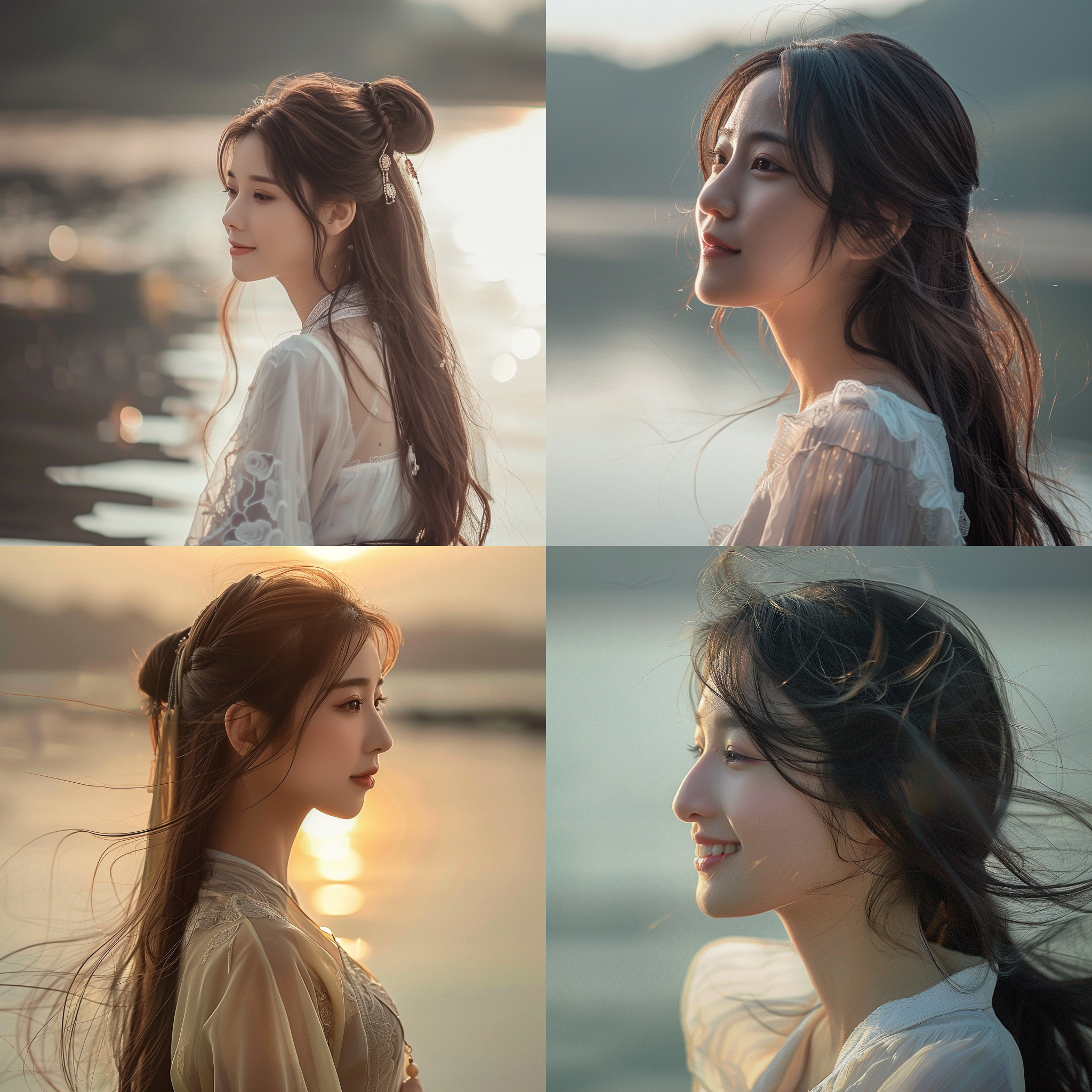 湖边中国女孩，自然光，柔和色调，长焦镜头，侧脸微笑，长发飘逸，湖水倒影，宁静氛围，细腻肌肤，温柔眼神，优雅姿态。