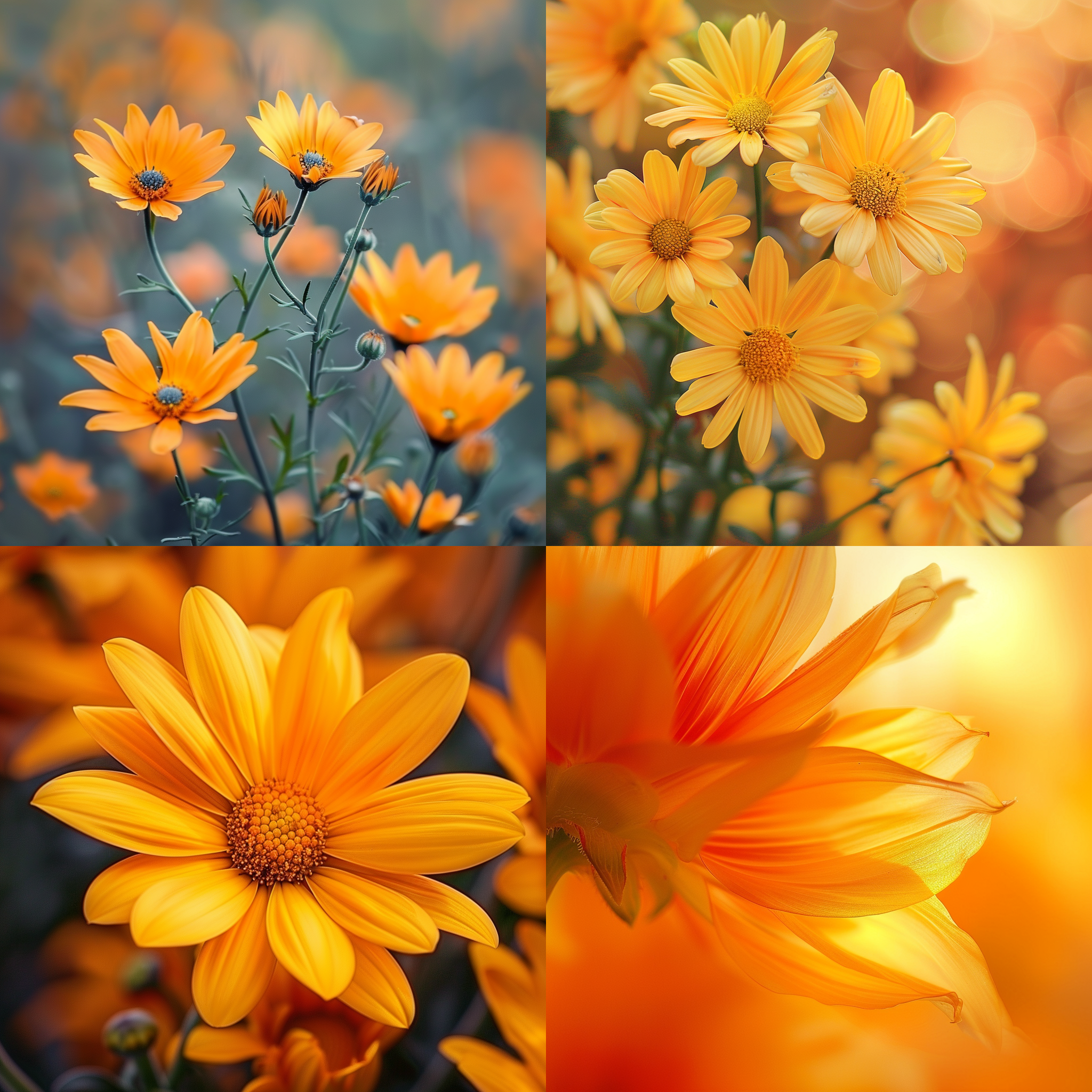 橘黄色花朵，简单背景，大片效果，自然光，超清画质，鲜艳，生动，温馨，细节丰富，明亮，微距镜头，柔和光线，饱和色彩，静态美。