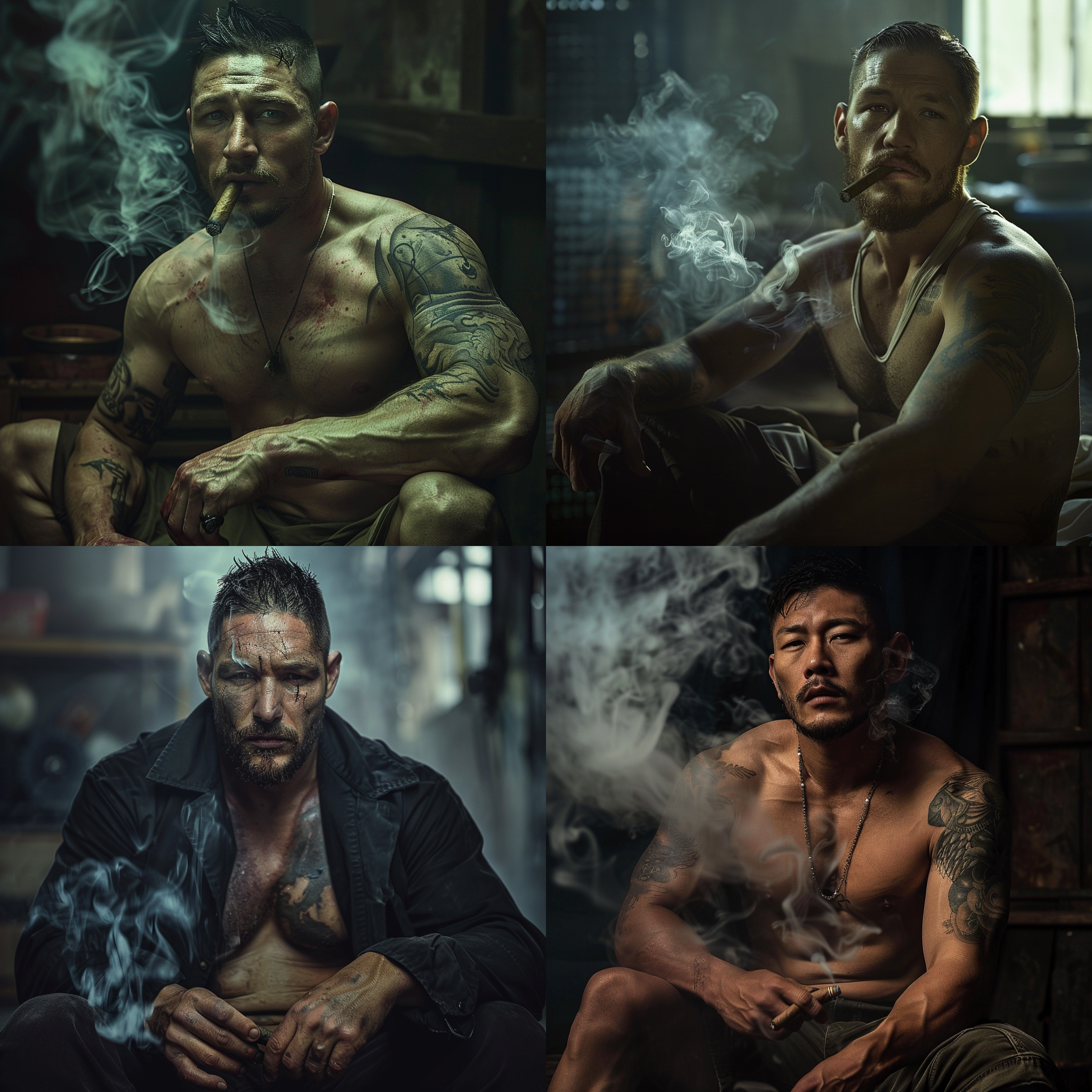 亚洲男性，粗犷凶狠，强壮，汤姆哈迪风格，坐着抽雪茄，全景，彩色，压迫感，深色调，硬光，广角镜头，低角度拍摄，烟雾缭绕，肌肉线条，冷酷眼神。