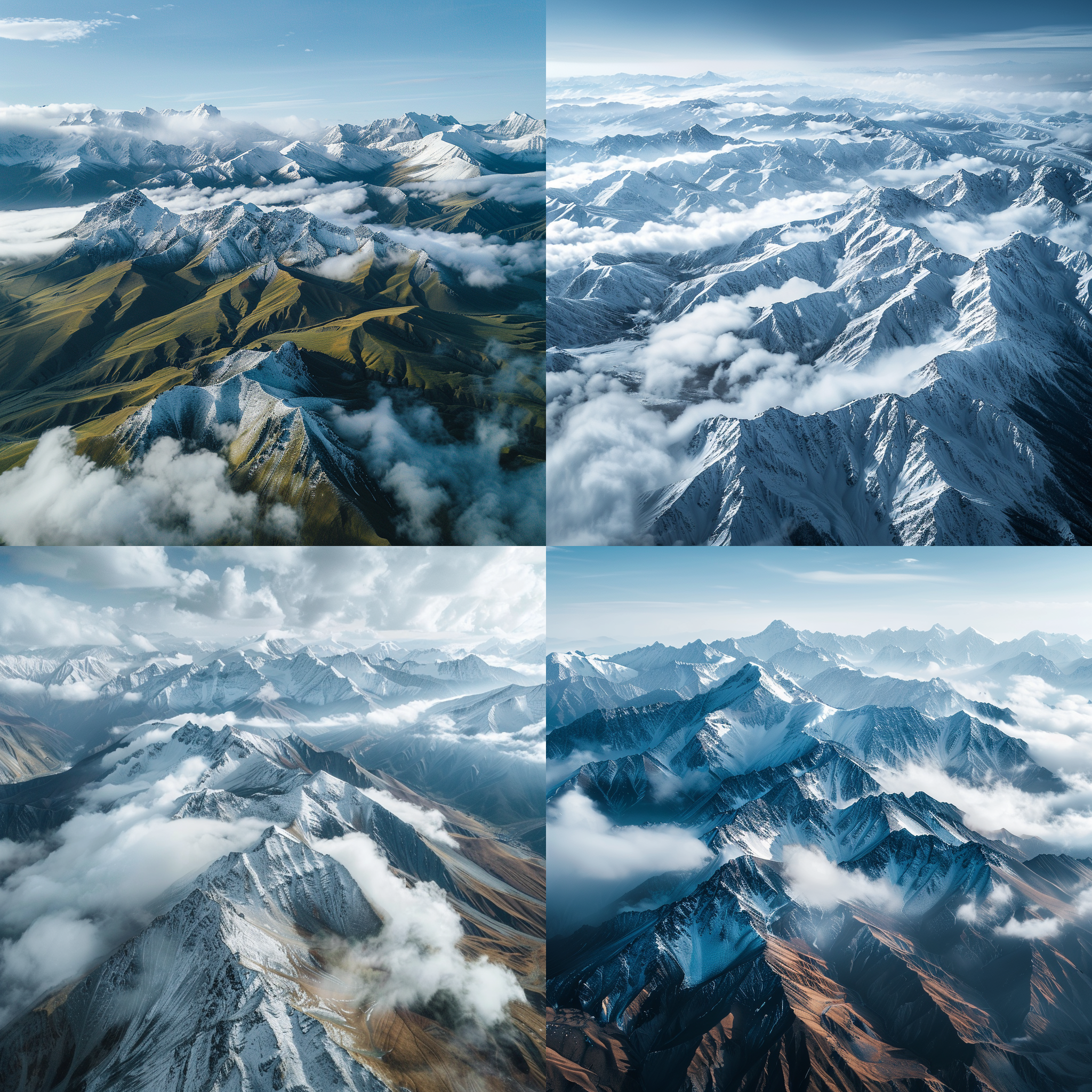 航拍祁连山，雪山巍峨，鸟瞰视角，广角镜头，自然风光，冷色调，高清晰度，远景构图，云雾缭绕，宁静壮丽。