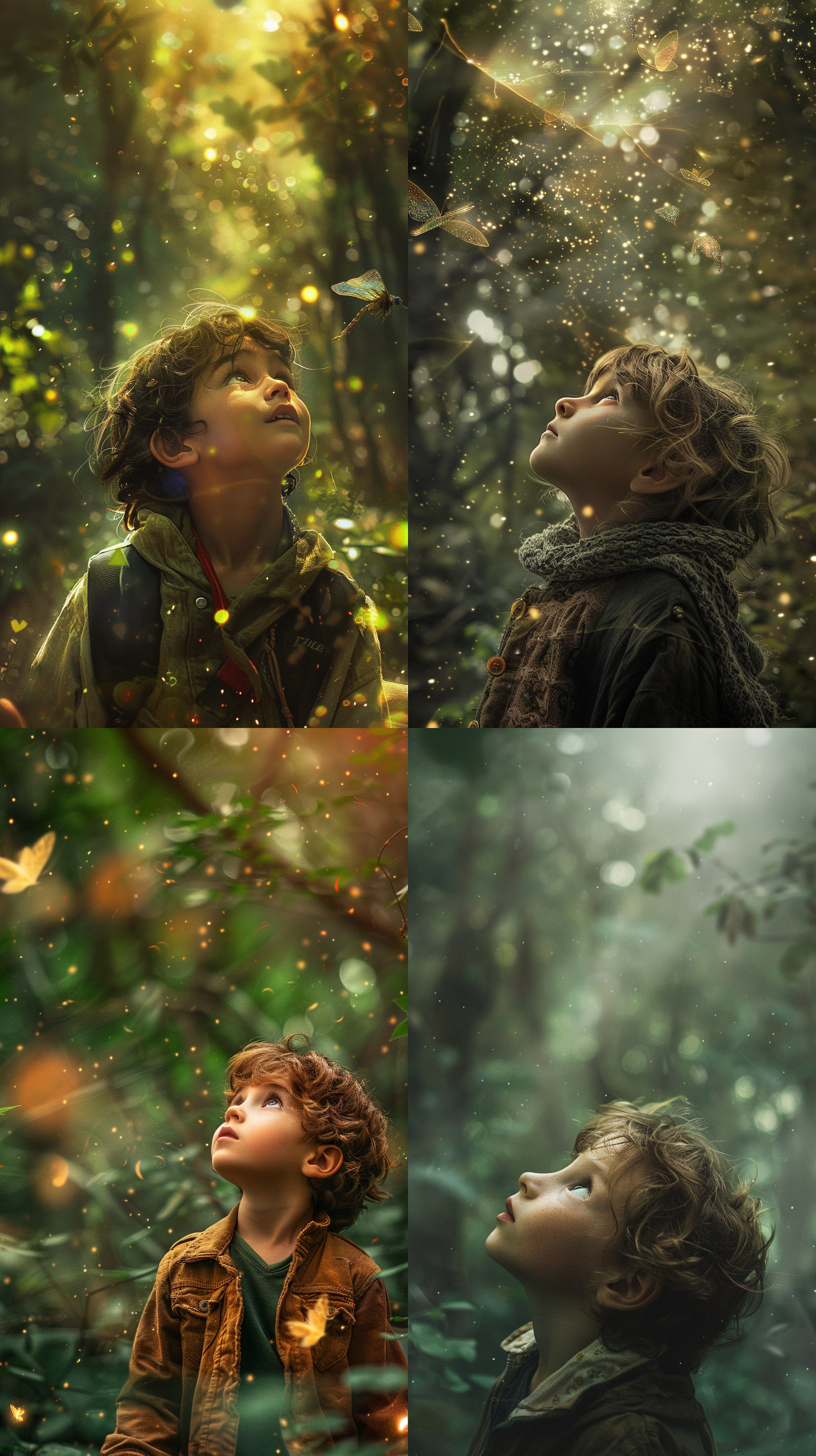 童心奇幻之旅封面，梦幻森林背景，儿童主角，探险装扮，好奇表情，仰视角度，柔和光线，色彩缤纷，长焦镜头，浅景深，神秘氛围，期待感。