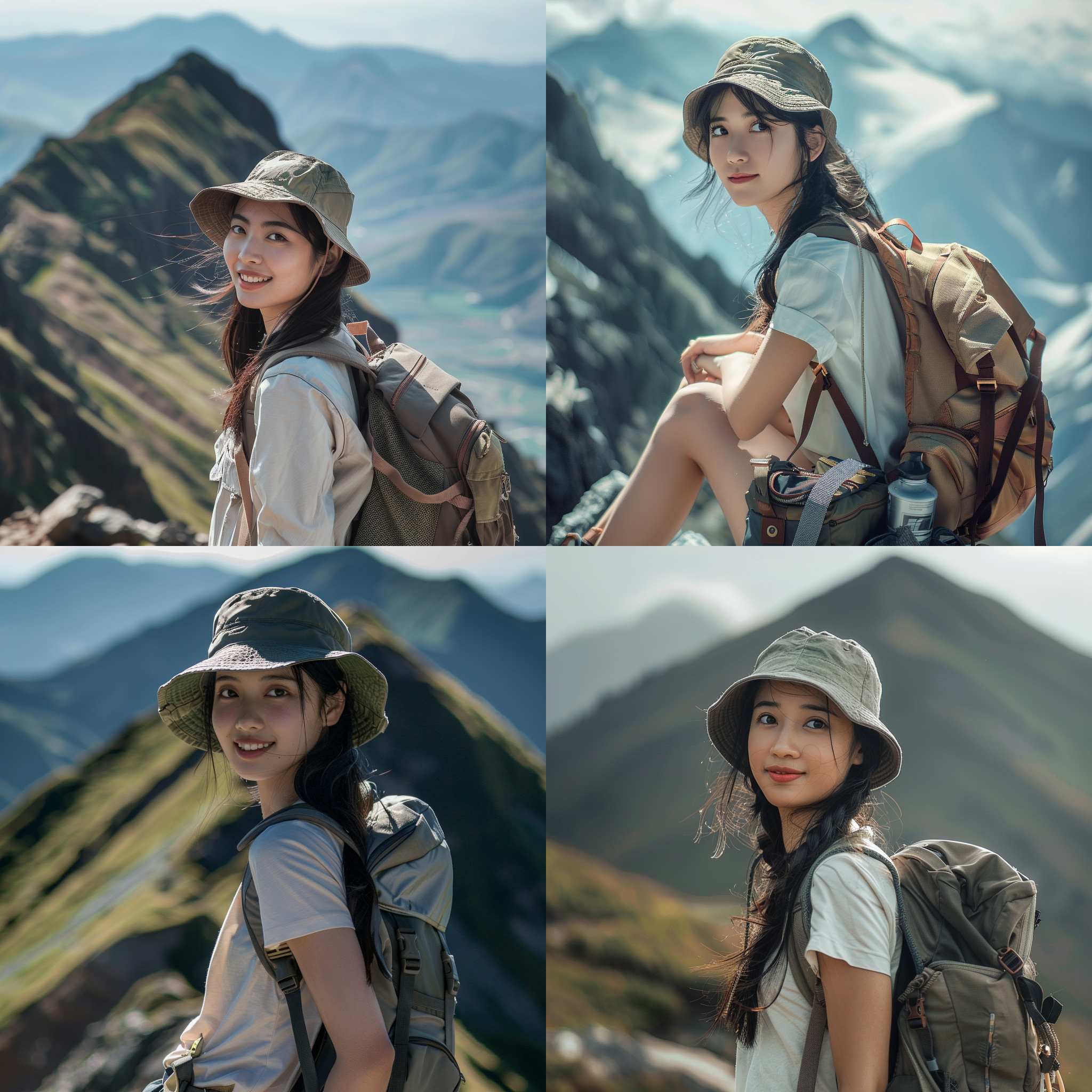 中国气质美女，大长腿，头戴鸭舌帽，背着双肩包，山顶背景，征服山巅，美丽大眼睛，清纯靓丽，自然风光，长焦镜头，逆光，柔和光线，高角度拍摄，自信微笑，自然色彩，动感。