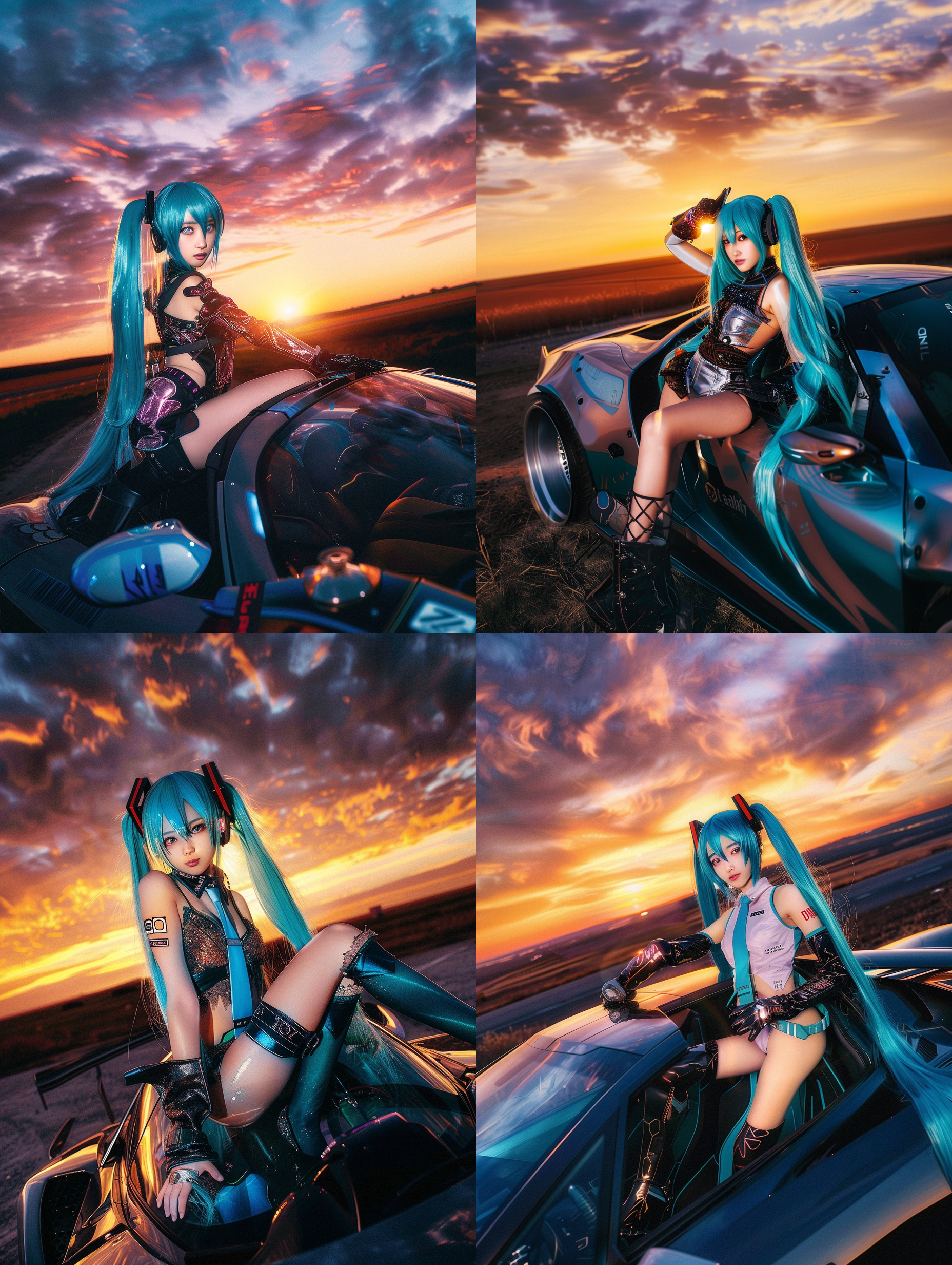 初音未来坐在赛博朋克风格的汽车上，夕阳余晖映照，半身像，未来感服装，金属质感，逆光，hdr效果，低角度拍摄，橙紫色调，神秘表情，动感姿态。