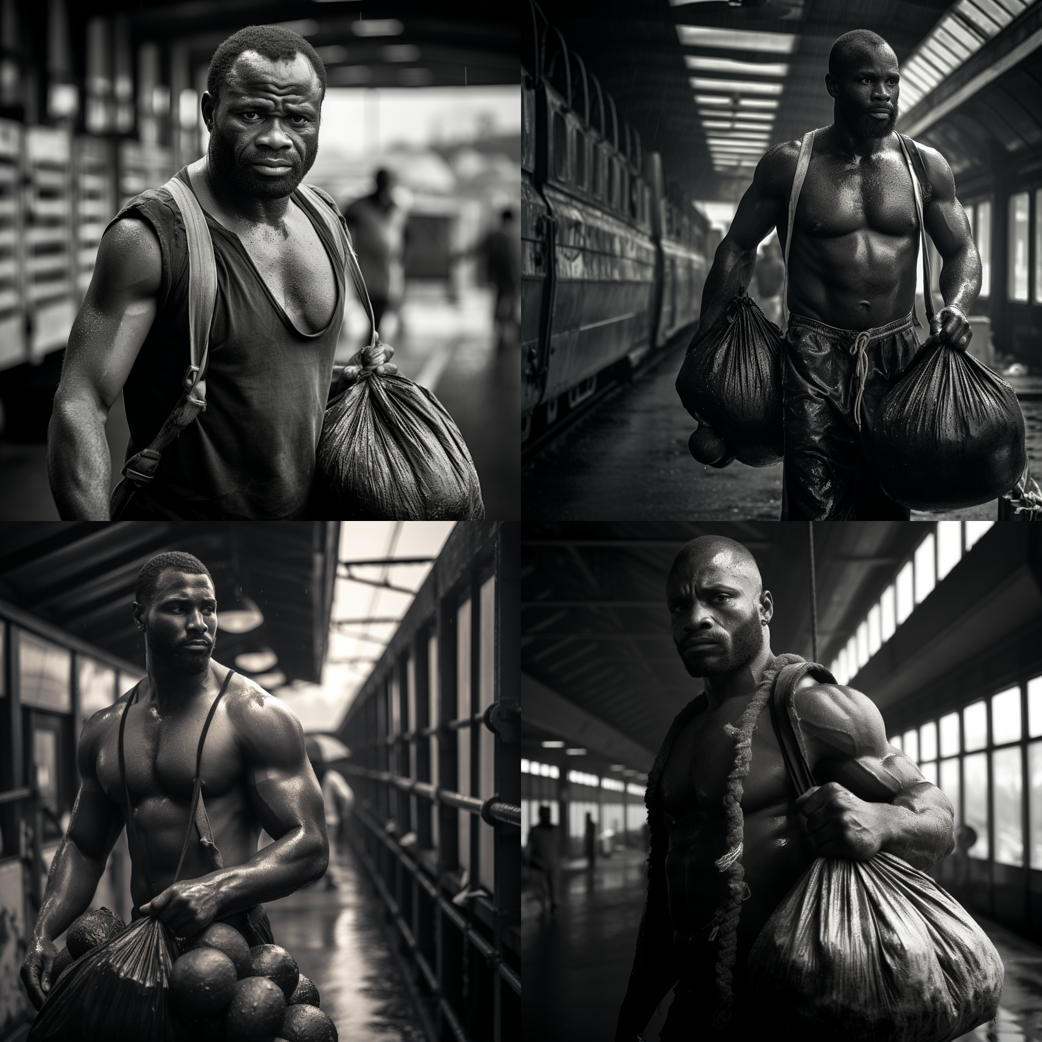 非洲壮汉，蕾丝吊带，火车站入口，雨中，提茄子，表情狰狞，黑白摄影，高光阴影对比，低角度，广角镜头，自然光，动态模糊，紧张，孤独。