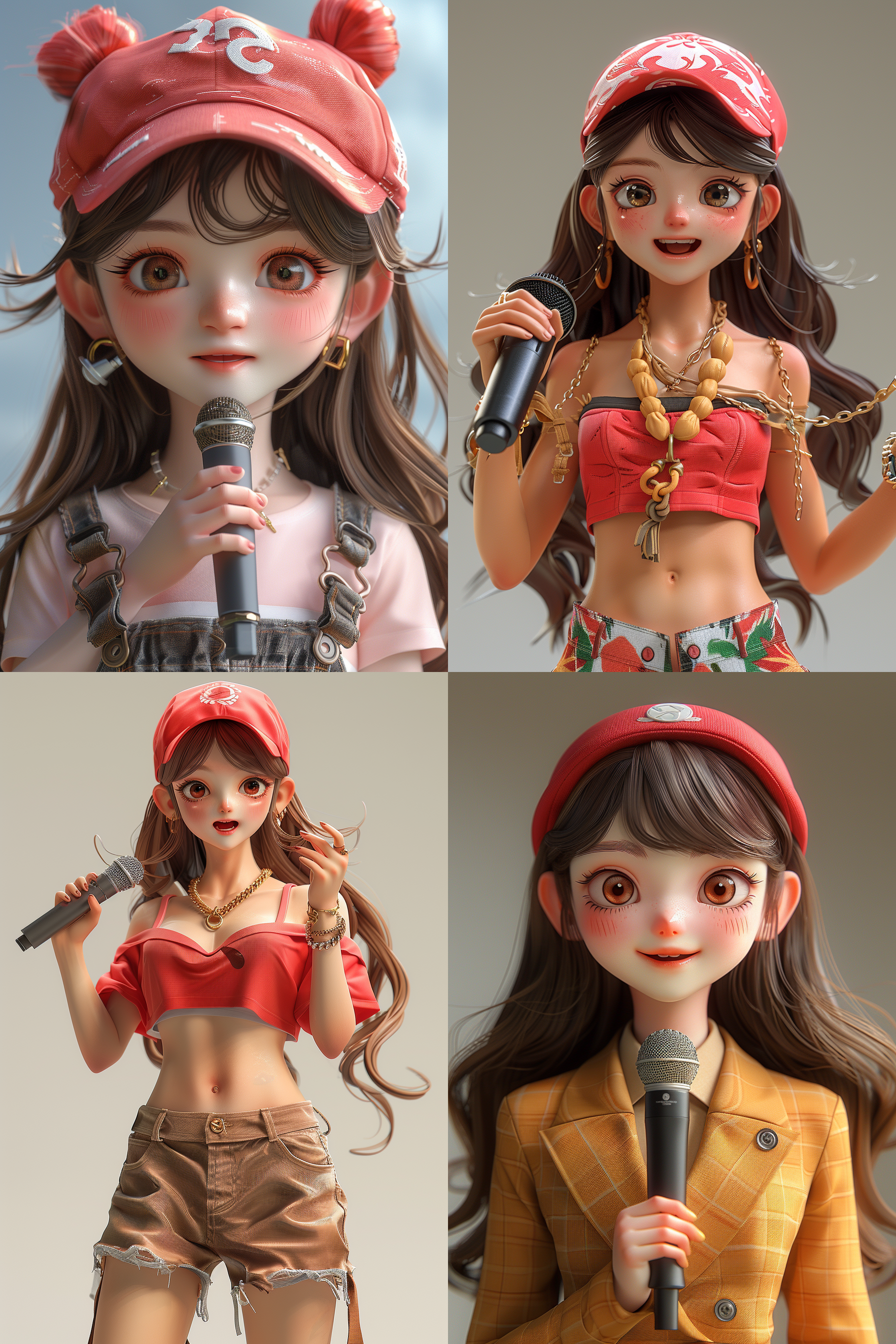 白色背景，3d卡通风格女孩，全身，演讲，手拿话筒说话，微笑，自然，看向镜头，精致的脸部，夏季潮流时尚服装，泡泡玛特配色，由pop mart制作，光滑细腻，黏土材料，辛烷值渲染，超细节，8k,16k，超清晰细节 模型摄影，侧面构图，干净背景，明亮色彩，生动表情，细节丰富，数字艺术，创意设计，灯光效果，童真情感，