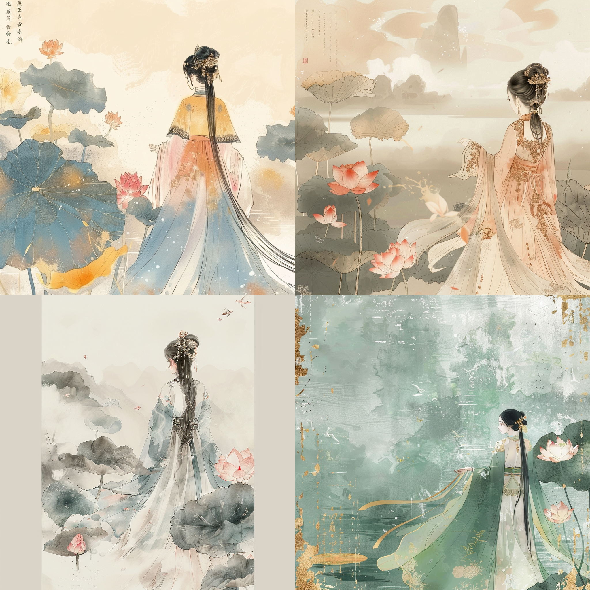 古风插画，水墨水粉画风格，水天色烟雾莲花曳地长裙，荷叶荷花背景，金边描金，女孩发簪，淡雅美丽，新中式服饰，线稿描绘，光影交错，传统韵味，全景，柔和光线，细腻笔触，静谧氛围，淡雅色彩，传统服饰，自然元素，优雅姿态。