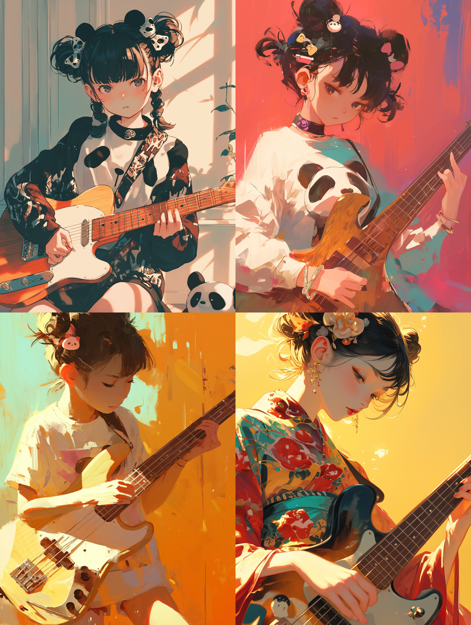 一位弹木吉他的女孩，带着熊猫发卡，双丸子头发型，黑发，东亚女孩，忘我演唱，自信，心流时刻，室内光影，32k画质，人像质感，漫画风格。