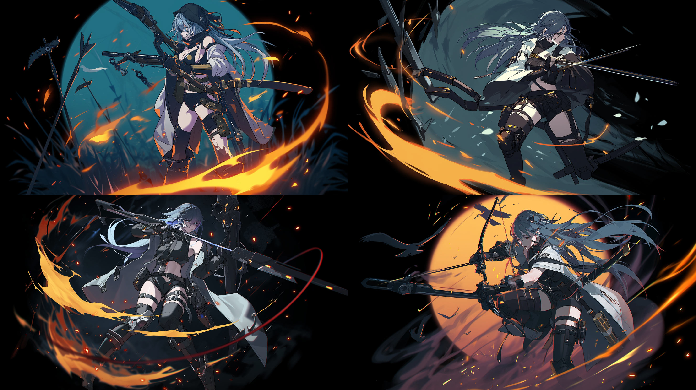 雇佣兵潜行战场，钩索飞跃，低角度拍摄，暗色调，夜晚，长焦镜头，背光，慢快门，动态模糊，敏捷，神秘。