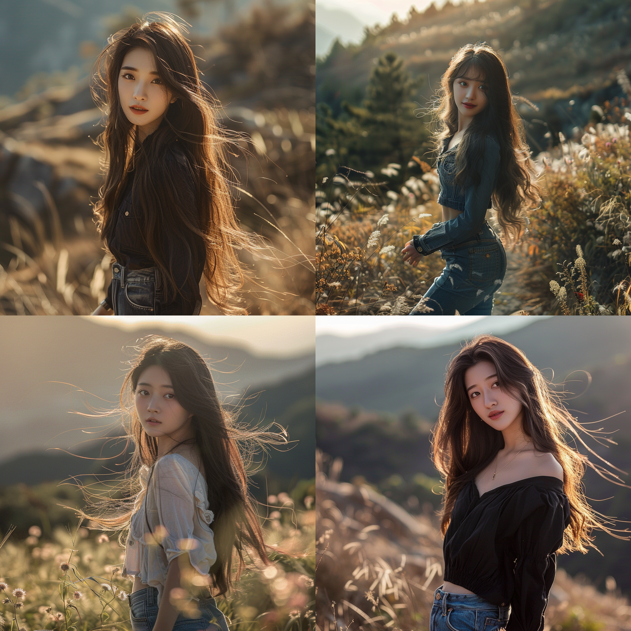 中国顶级美女漫步山林，披肩长发，牛仔裤，高挑曲线，鹅蛋脸，精致五官，大眼红唇，甜美微笑，自然光，中景，浅景深，暖色调，柔和光线，轻盈步伐，优雅姿态。