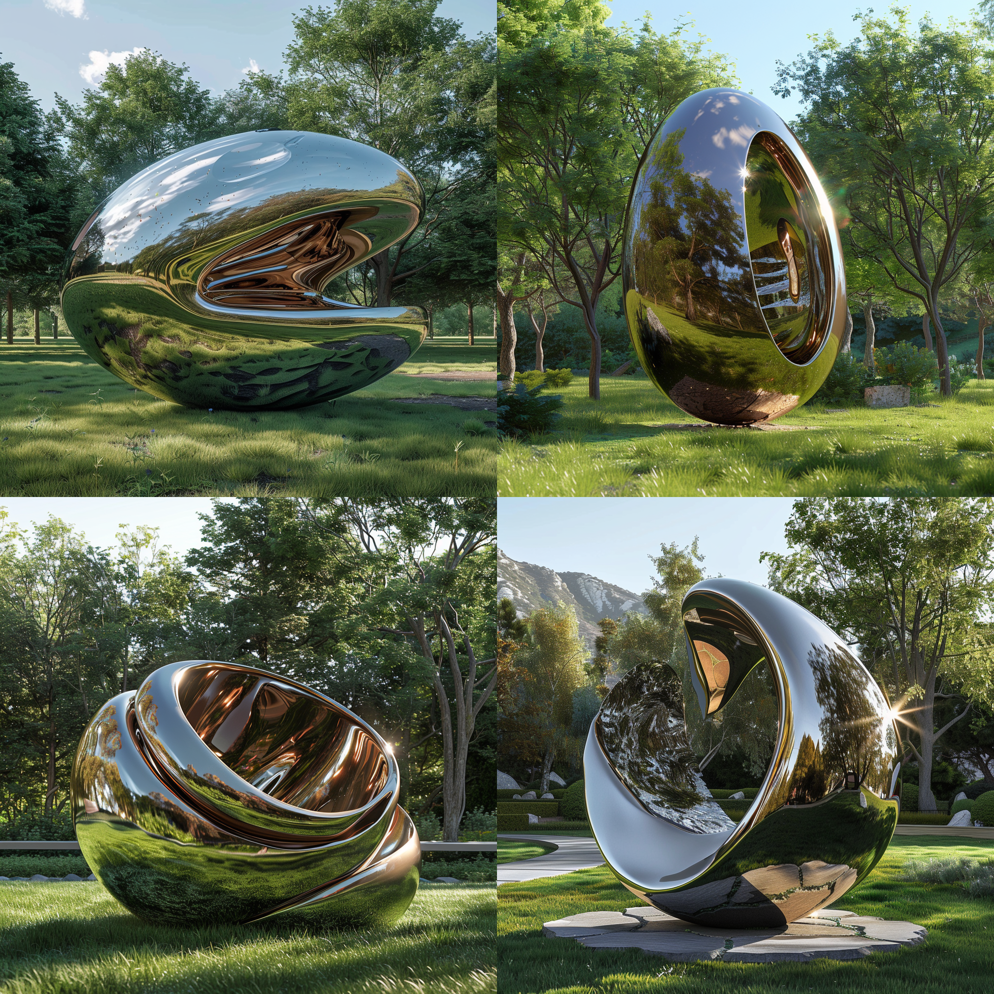 large sculpture, giant walnut, on green grass, liquid metal, high gloss stainless steel, ultra hd details, ultra hd images, surrounding park environment,3d,oc rendering,