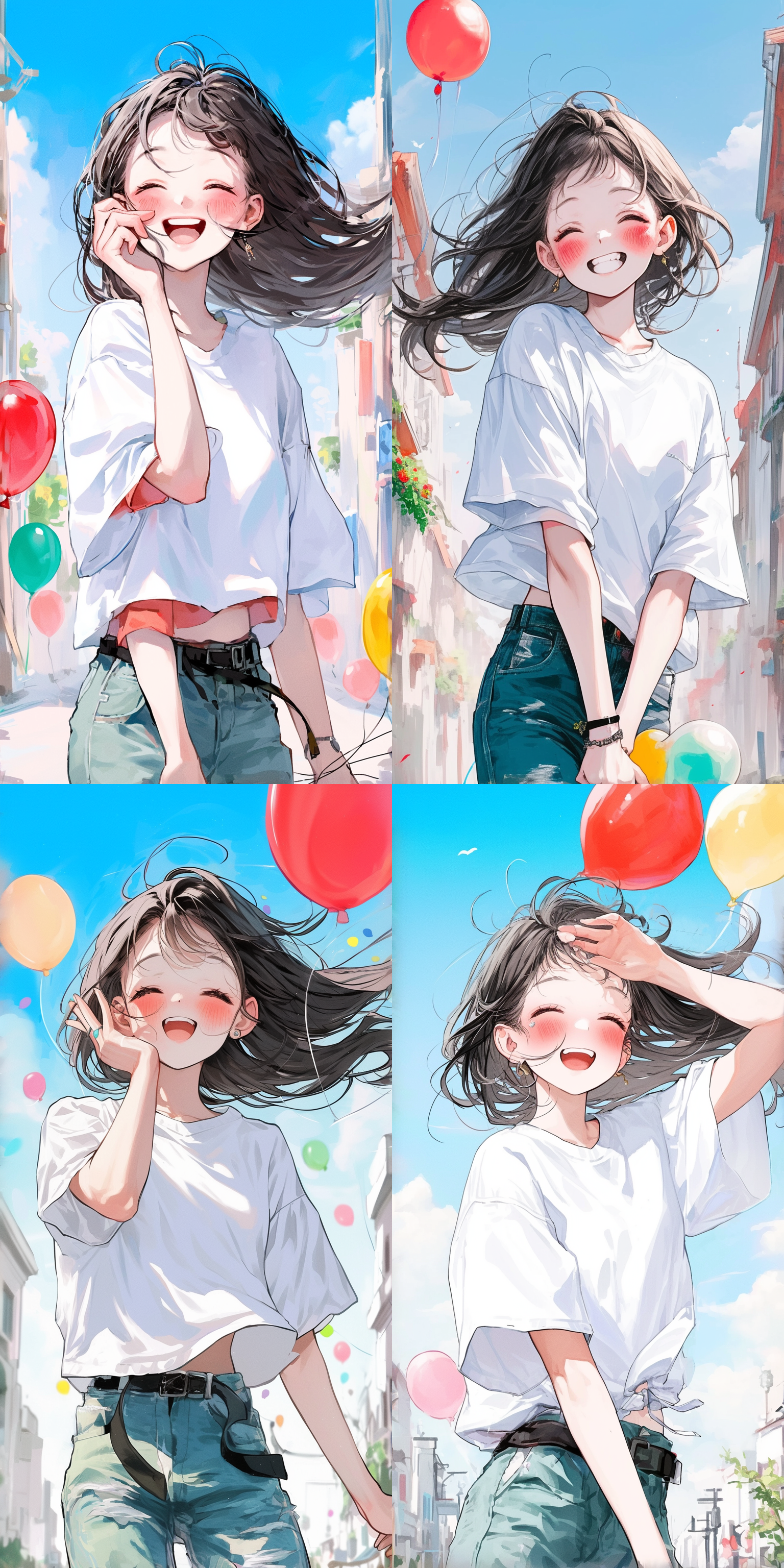 女孩搞怪表情，短袖牛仔裤，手拿气球，街头背景，明亮色彩，自然光，微笑，俏皮，特写镜头，动态捕捉，轻松氛围。