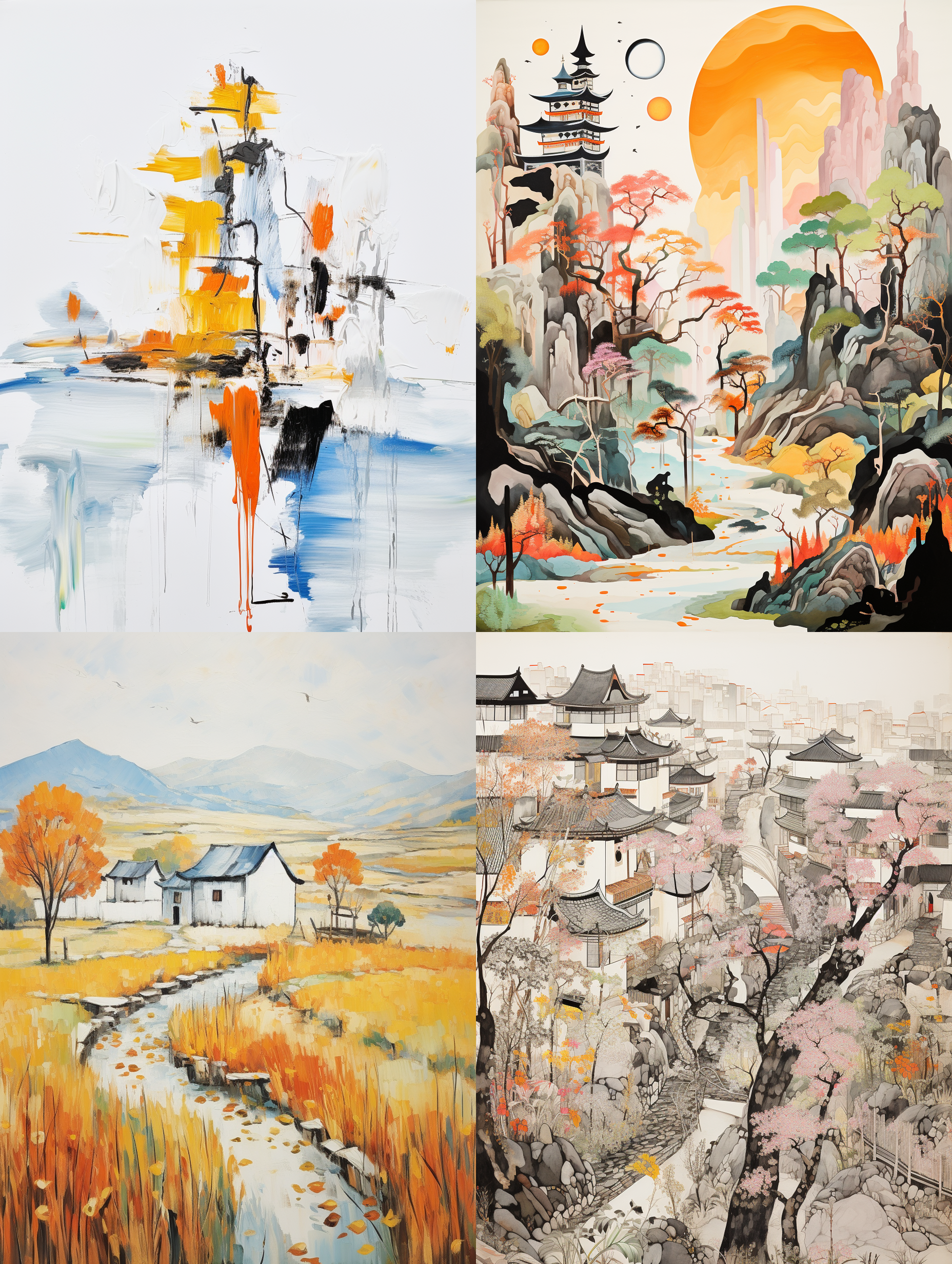 chinese painting in the style of wu guanzhong, ink artistic conception of small white houses and trees on the water surface, white background, colorful, chinese landscape painting, simple composition, chinese brush strokes, large areas left blank, rice paper texture, wet color pigments, landscape.