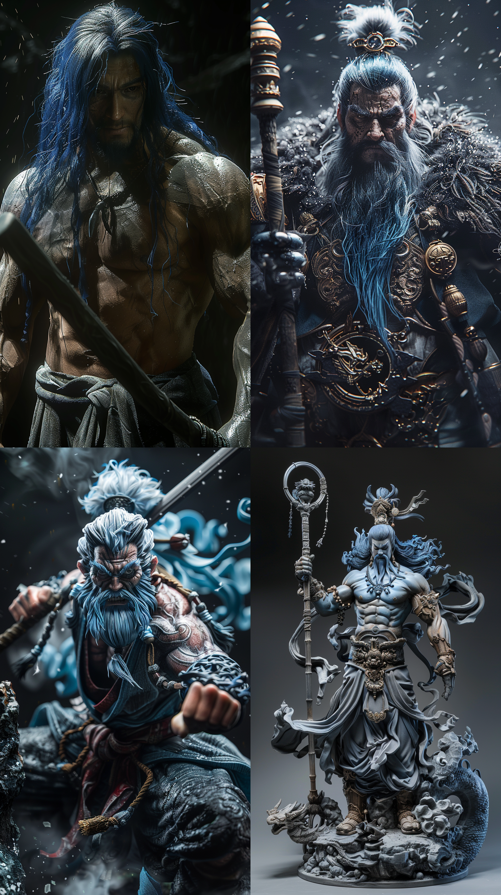 巨人挥舞耒耜，盘古开天地灵感，冷酷黑色调，黑色背景，逆光，超高清，巨人肌肉，中心构图，蓝发，中式服饰，长焦镜头，巨物感，极度倾斜视角，电影级光线，逆光效果，8k，动态模糊，神秘氛围。