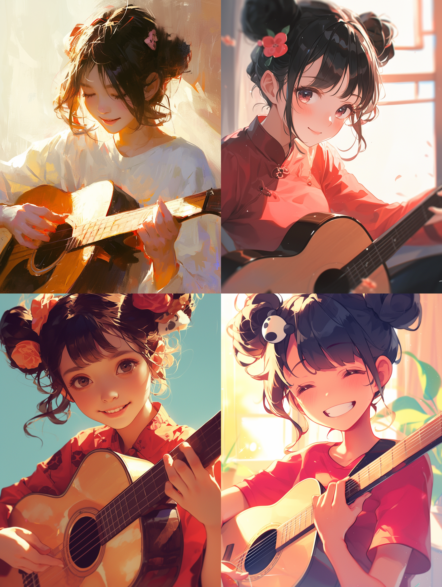 一位快乐地弹着民谣吉他的女孩，带着熊猫发卡，双丸子头发型，黑发，东亚女孩，忘我演唱，自信，心流时刻，室内光影，32k画质，人像质感，漫画风格。