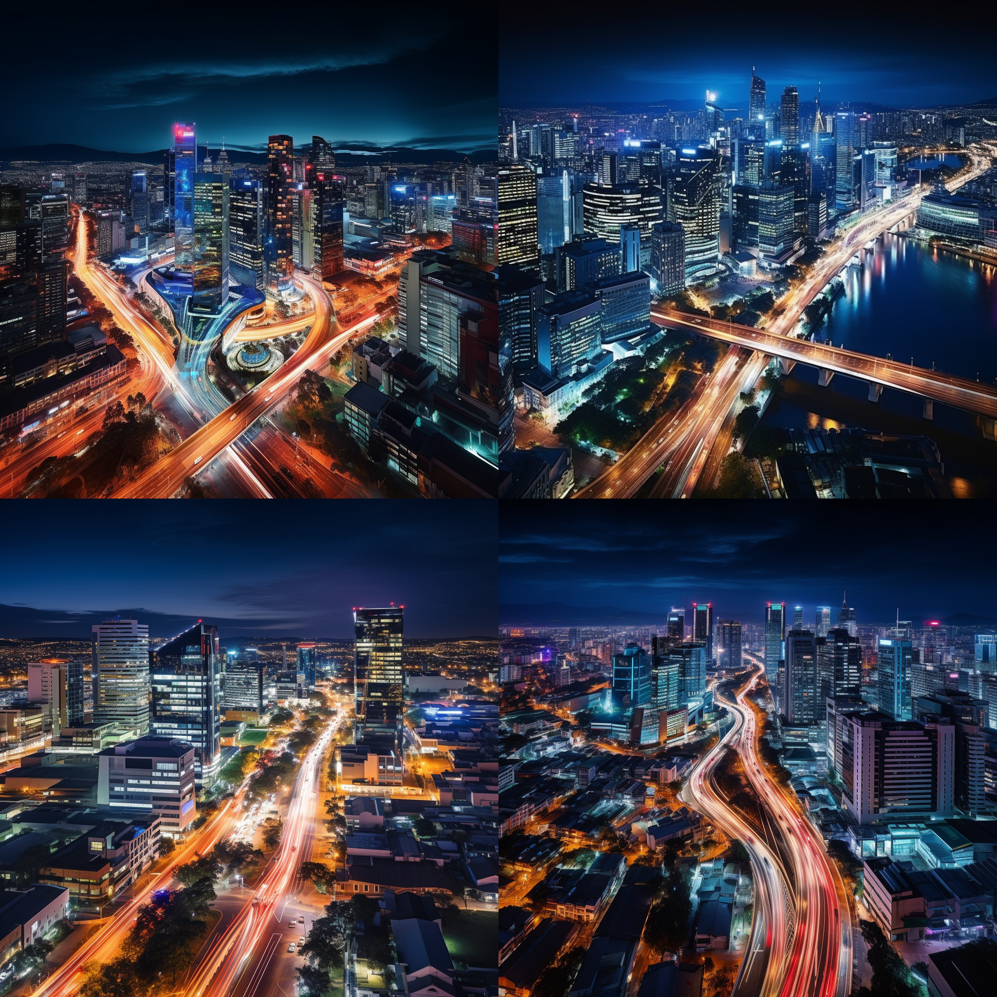 夜晚城市中心cbd，璀璨灯光，灯红酒绿的街道，车水马龙的高架桥，鸟瞰视角，长曝光，夜景模式，hdr效果，冷暖色调对比，动感模糊，繁华都市，现代感。
