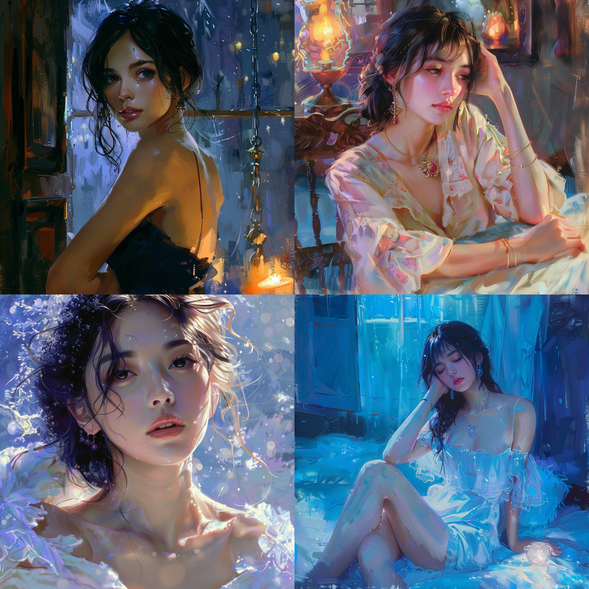 美女飒爽英姿，柔和绘画风格，写实艺术，冷光夜景，动漫人物插图，vray tracing风格，edward cucuel，miki asai，lit boy，paul hedley，优雅姿态，深邃眼神，冷色调，细腻笔触，静谧氛围。