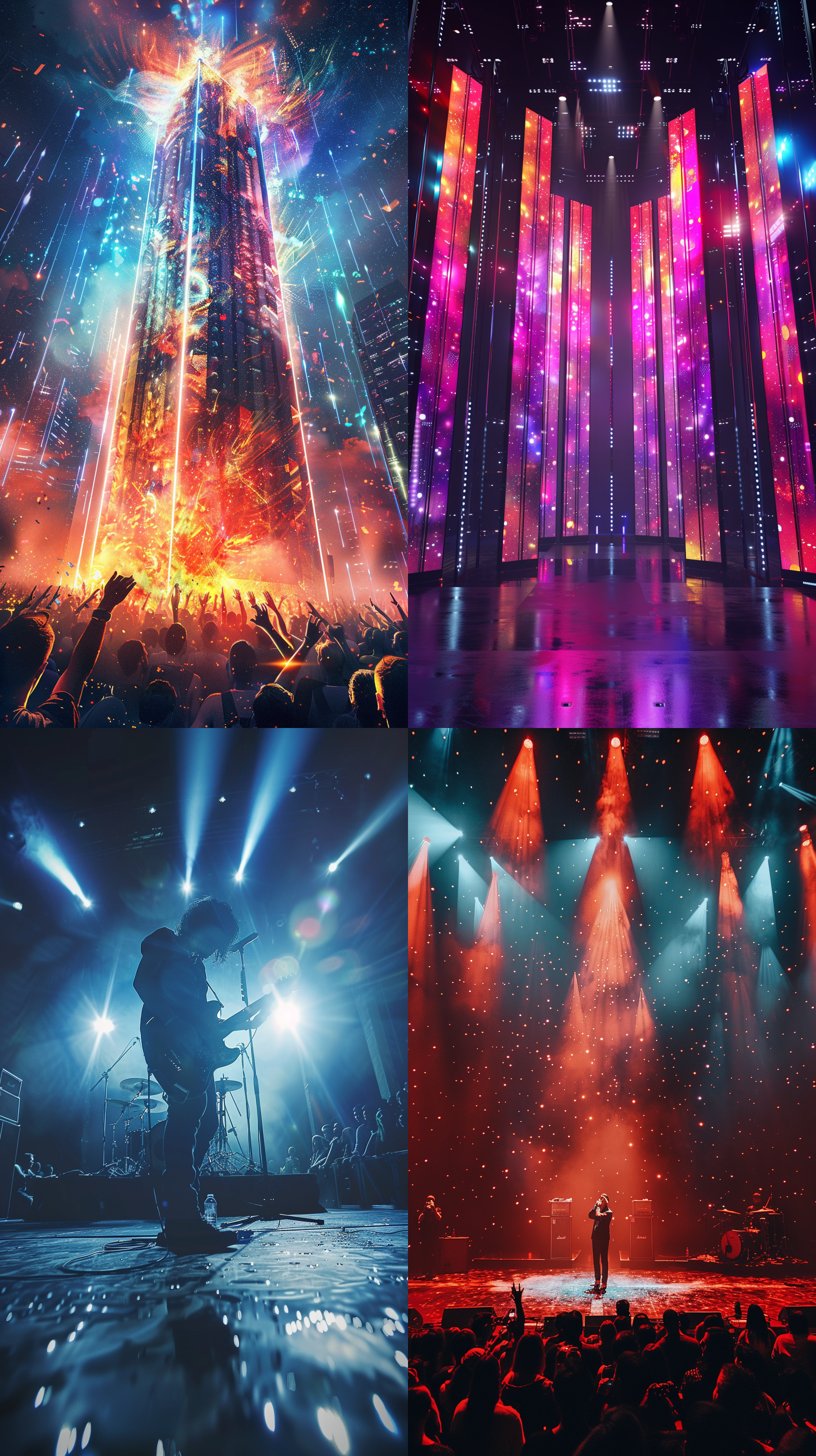 演唱会现场，舞台中央，巨大竖立长方形屏幕，摇滚风格，灯光绚丽，黑色背景，观众热情，长焦镜头，低角度，快门优先，动感模糊，激情震撼，中心构图，电影质感，静谧梦幻，细节丰富，天空全景，8k超高清，细节完整，oc渲染。