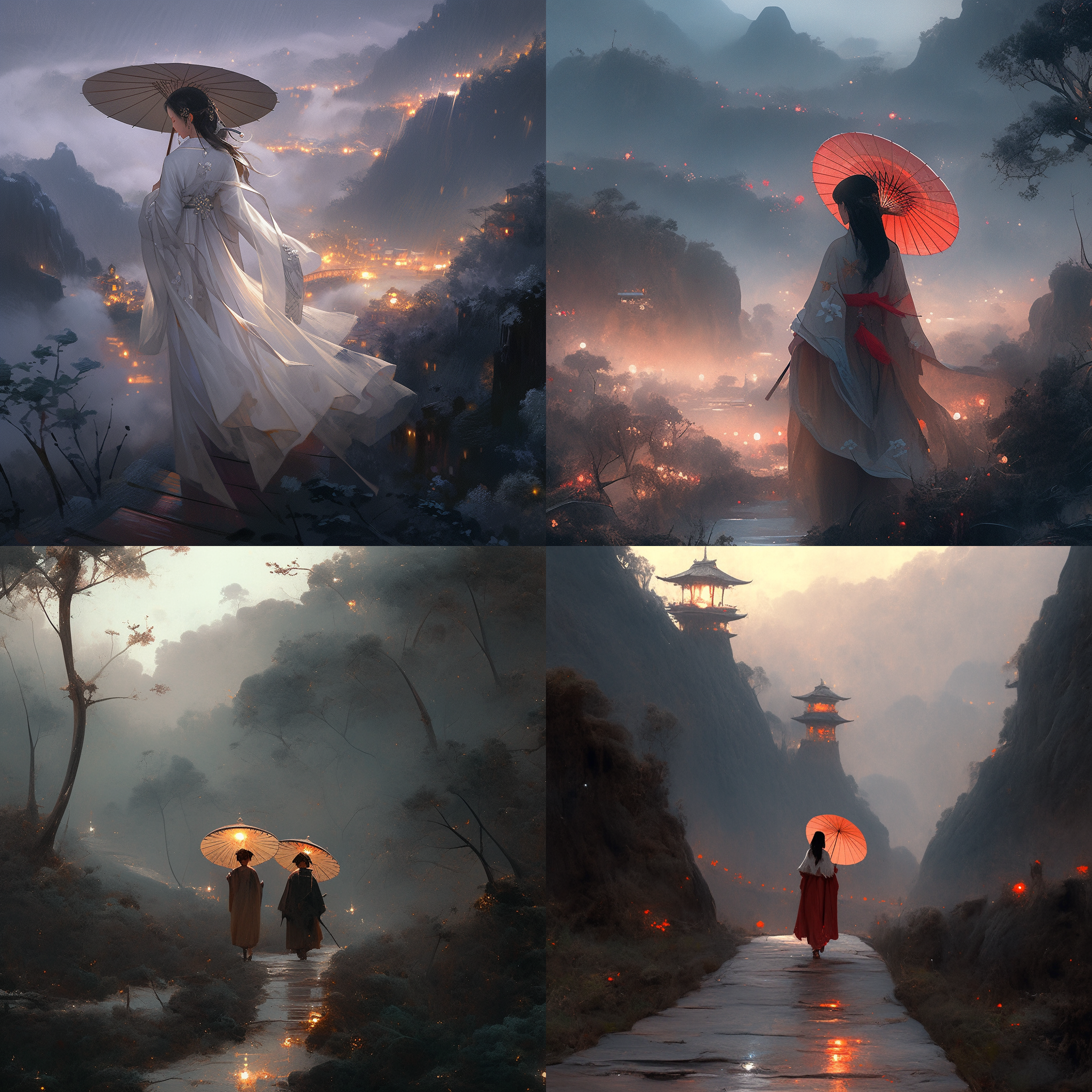 仙山雾气环绕，盘山公路，雨天，美女撑油纸伞，青衫布包，全身正面照，长发，柔和绘画风格，写实艺术，冷光夜景，动漫人物插图，vray tracing风格，edward cucuel，miki asai，paul hedley，细腻光影，湿润路面，静谧氛围。