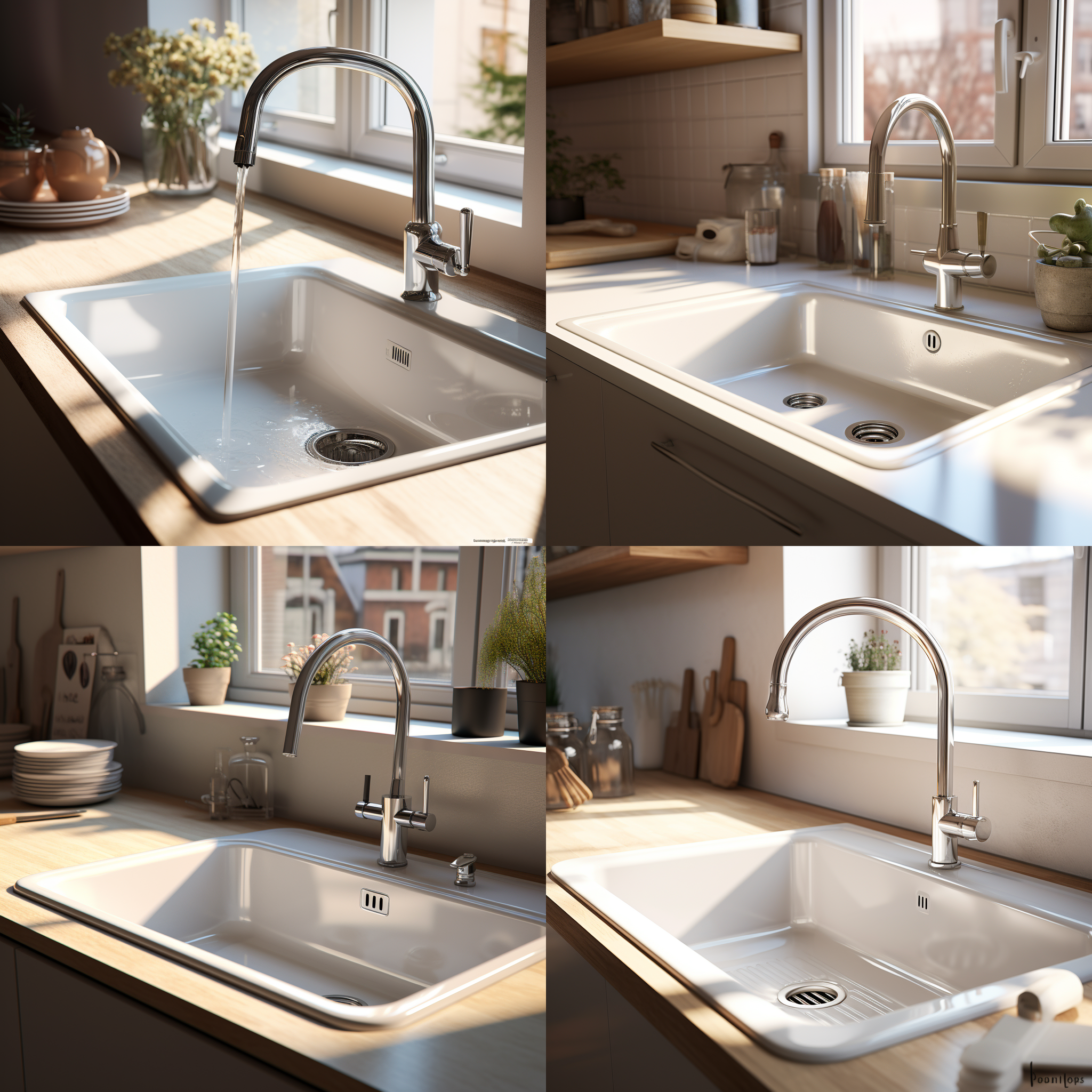 一个白色洗手池，水龙头流水，在厨房里，c4d，oc渲染器，镜头主要在洗手池，写实照明，高质量，多细节，高清