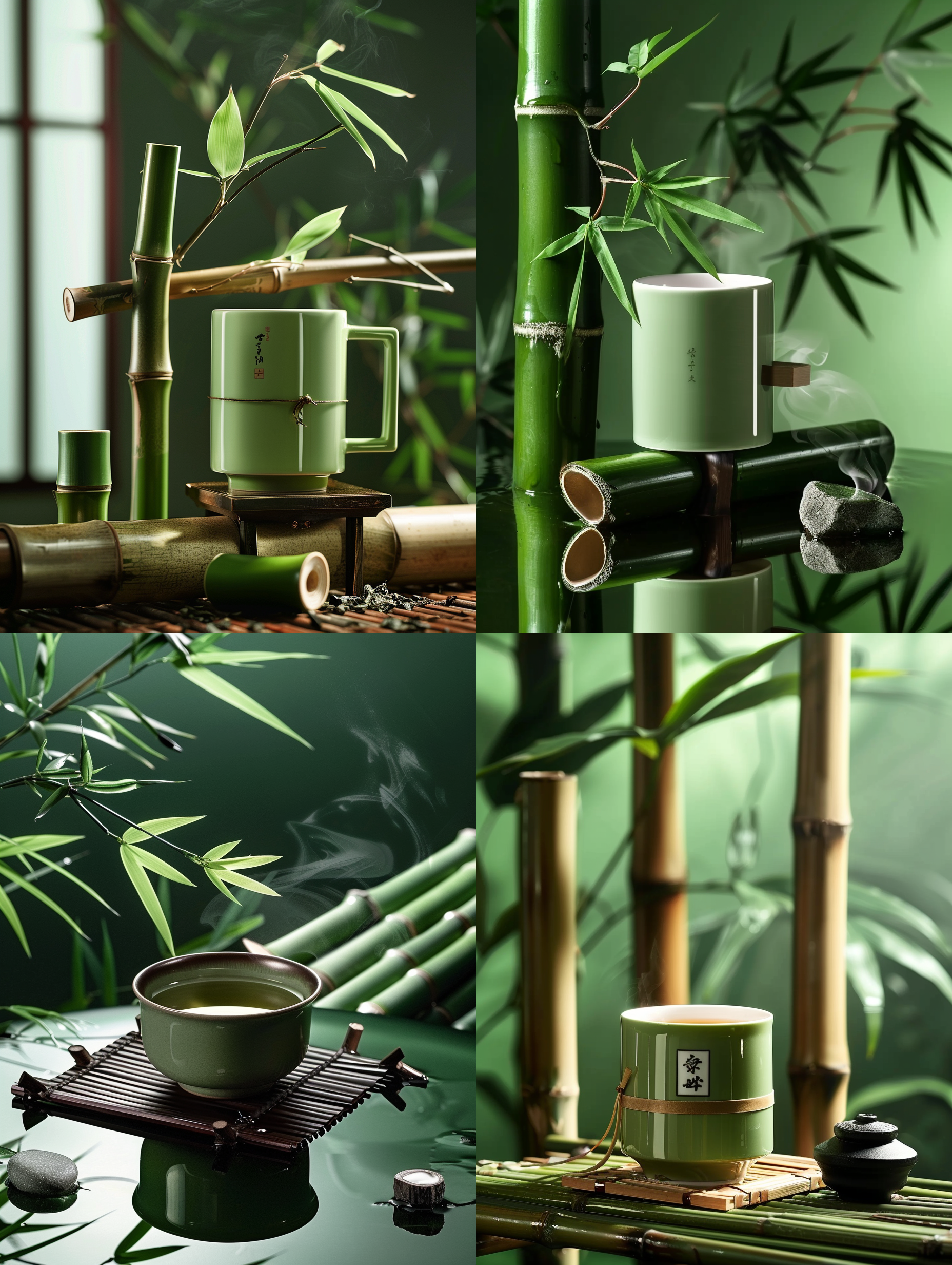 淡绿色杯子和竹子创意海报，一个杯子，在竹子上用树叶，白蓝色调，杯子质量很强，索尼相机拍摄，8k，市场上高端海报创意