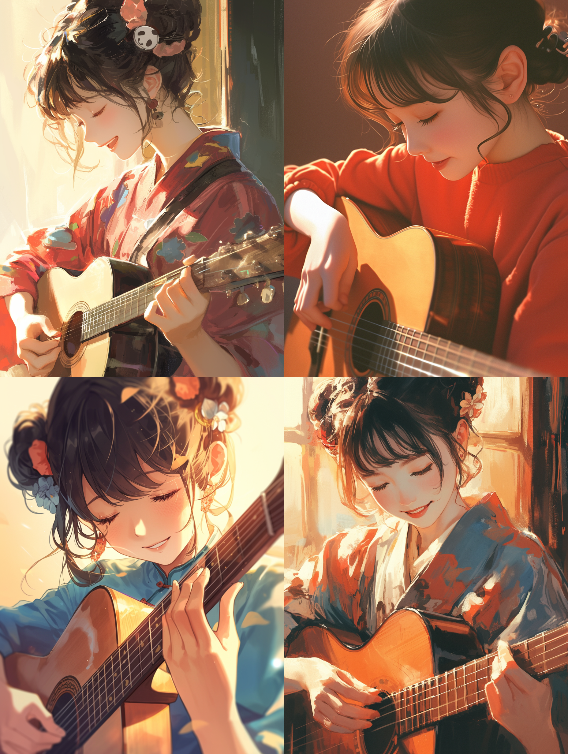 一位快乐地弹着民谣吉他的女孩，带着熊猫发卡，双丸子头发型，黑发，东亚女孩，忘我演唱，自信，心流时刻，室内光影，32k画质，人像质感，漫画风格。