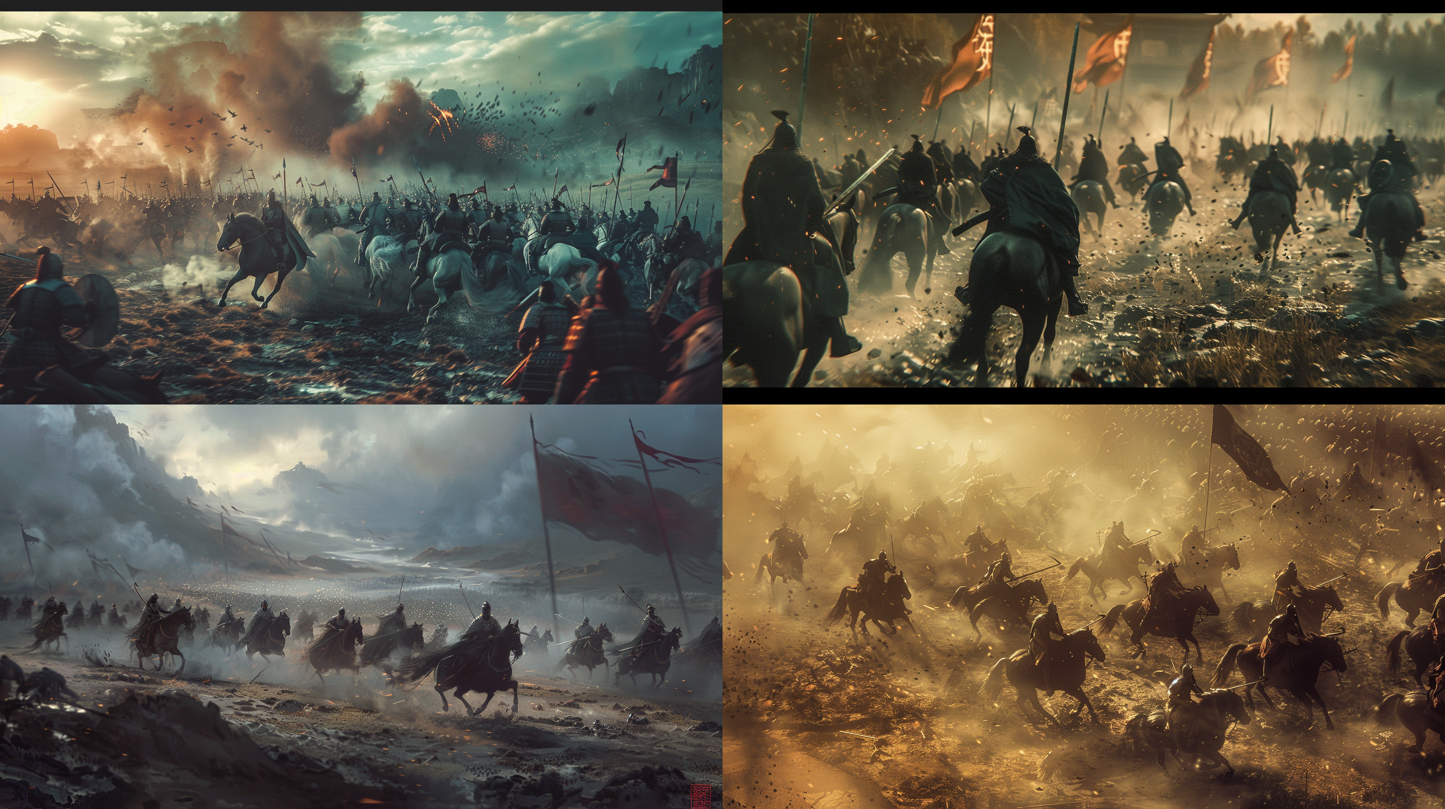 古代中国战场鸟瞰图，骑兵冲击进入敌军步兵阵列，速度感，残酷，骑兵队冲入敌军方阵，步兵四散，士兵们体型健壮，英勇作战，注重画面细节，黑暗之魂风格，16k分辨率，色彩低饱和度，低沉，冷色调，氛围压抑，超现实主义