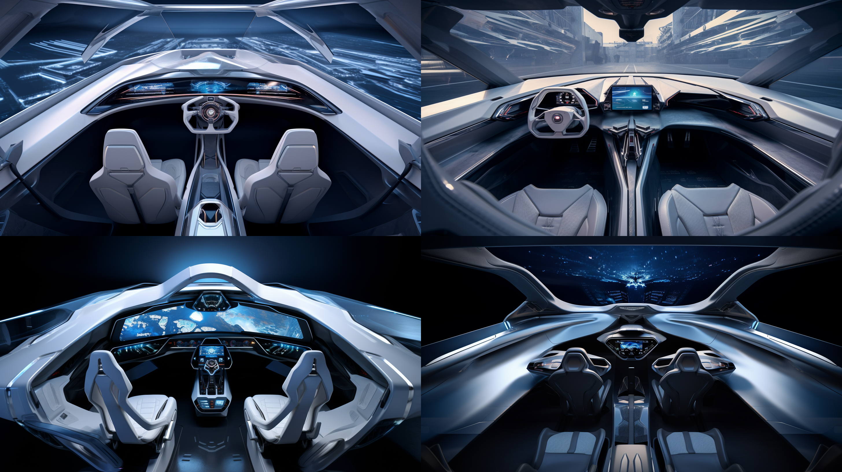 概念飞船驾驶舱，环抱式驾控中心，显控分离式开放驾驶舱，未来科技感，银灰色金属质感，全景天窗，透明触控屏幕，驾驶员专注表情，蓝色冷光照明，高速飞行背景，广角镜头，高动态范围，细节丰富，冷静专注。