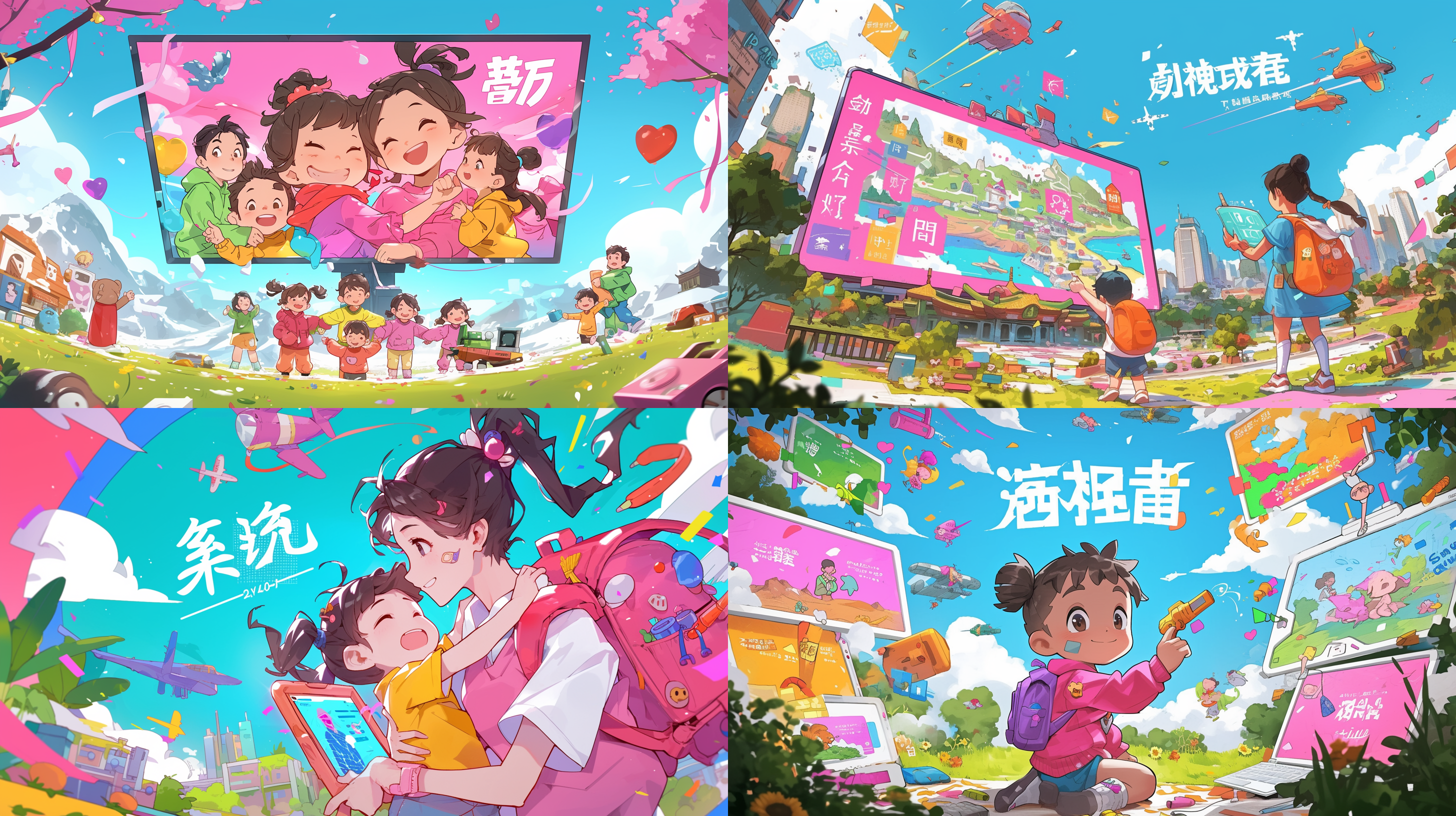 室外海报图，卡通风格，家庭场景，明亮温馨，亲子互动，显示屏科技元素，鲜艳色彩，平铺构图，正面光，中焦镜头，欢快表情，拥抱动作，和谐氛围。
