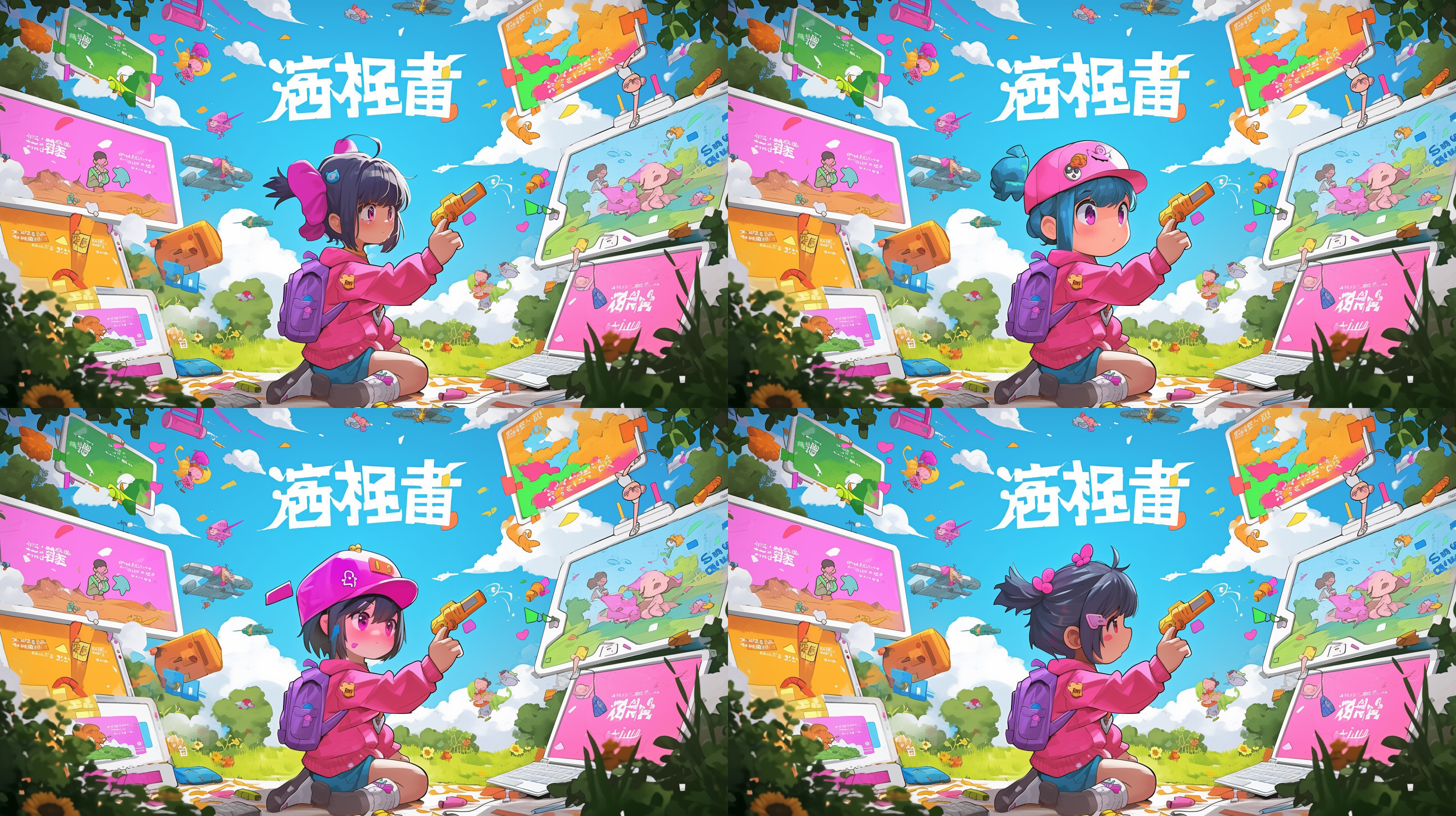 室外海报图，卡通风格，家庭场景，明亮温馨，亲子互动，显示屏科技元素，鲜艳色彩，平铺构图，正面光，中焦镜头，欢快表情，拥抱动作，和谐氛围。